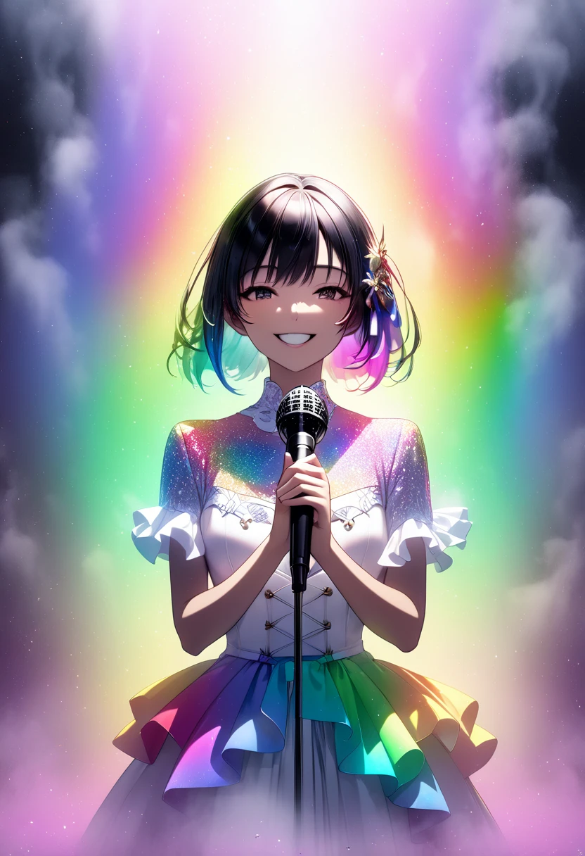 A woman with medium black hair holding a microphone with both hands"Haruna"The gentle smile , A vocal stage costume with a white base , Hold the microphone with both hands,  upper body focus ,  bust up shot, ((background:Mysterious fog  , Rainbow, Neon Dust, Shading Effects,  gradient magic effect , Fog filter effect , Glitter Effect, Graphic CG digital art))