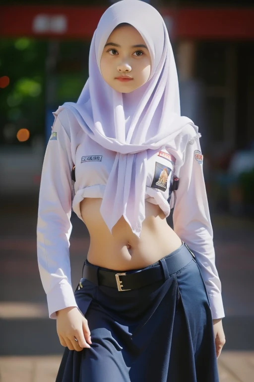 ((( Ultra-HD quality detail ))), Gen Z girls in hijab,  long-sleeved shirt ,  open belly button , indistinct, Long skirt, low waisted buckle belt(like a belly dancer ), bow down, lean back, realistic, ( 8K resolution )