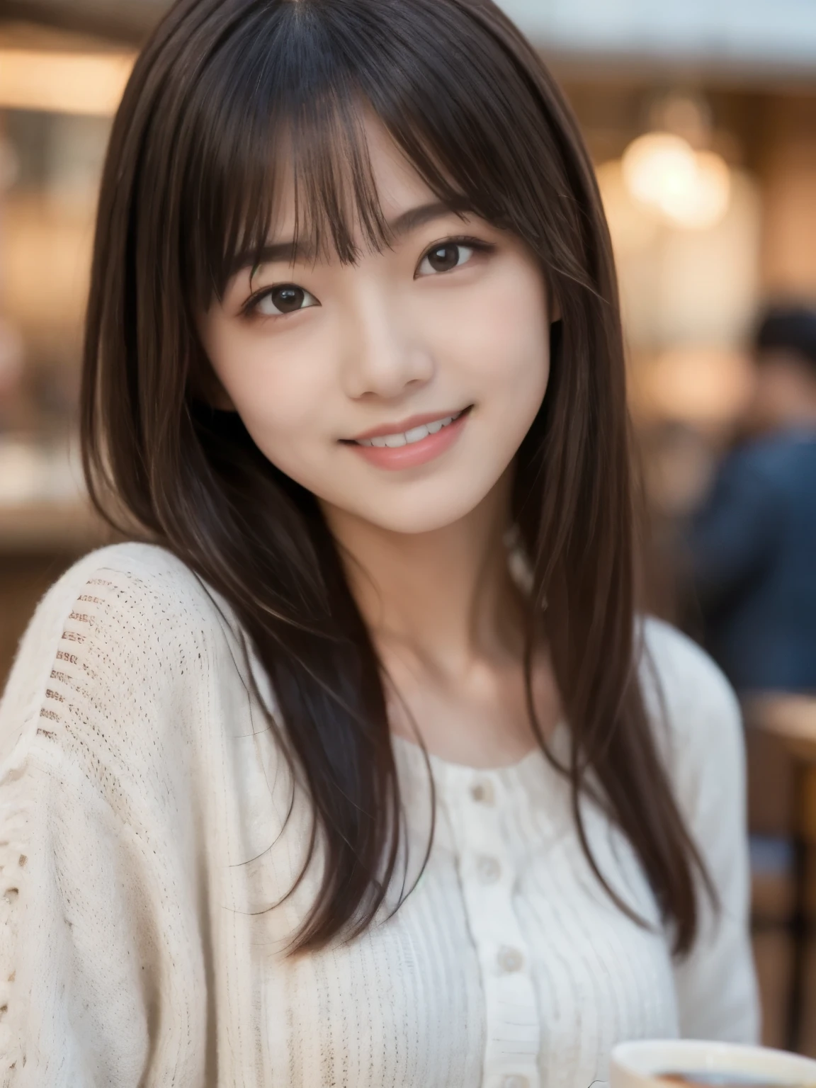 8k、Best Quality、Ultra Wide Angle Monofocal Lens  、(Representative Works:1.2)、( Genuine)、( Genuine:1.37)、  one high school girl、  shake hands with a big smile on your face、  beautiful alignment of teeth 、Well-formed fingers、Thinner eyebrows 、 at the coffee shop 、( Cute Winter Clothes )、  perfect body 、  gravure photo shoot  、 perfect meaning 、 beautiful skin 、 Professional Lighting 、Face and skin detail 、Microparticles、  raw photo from last century 