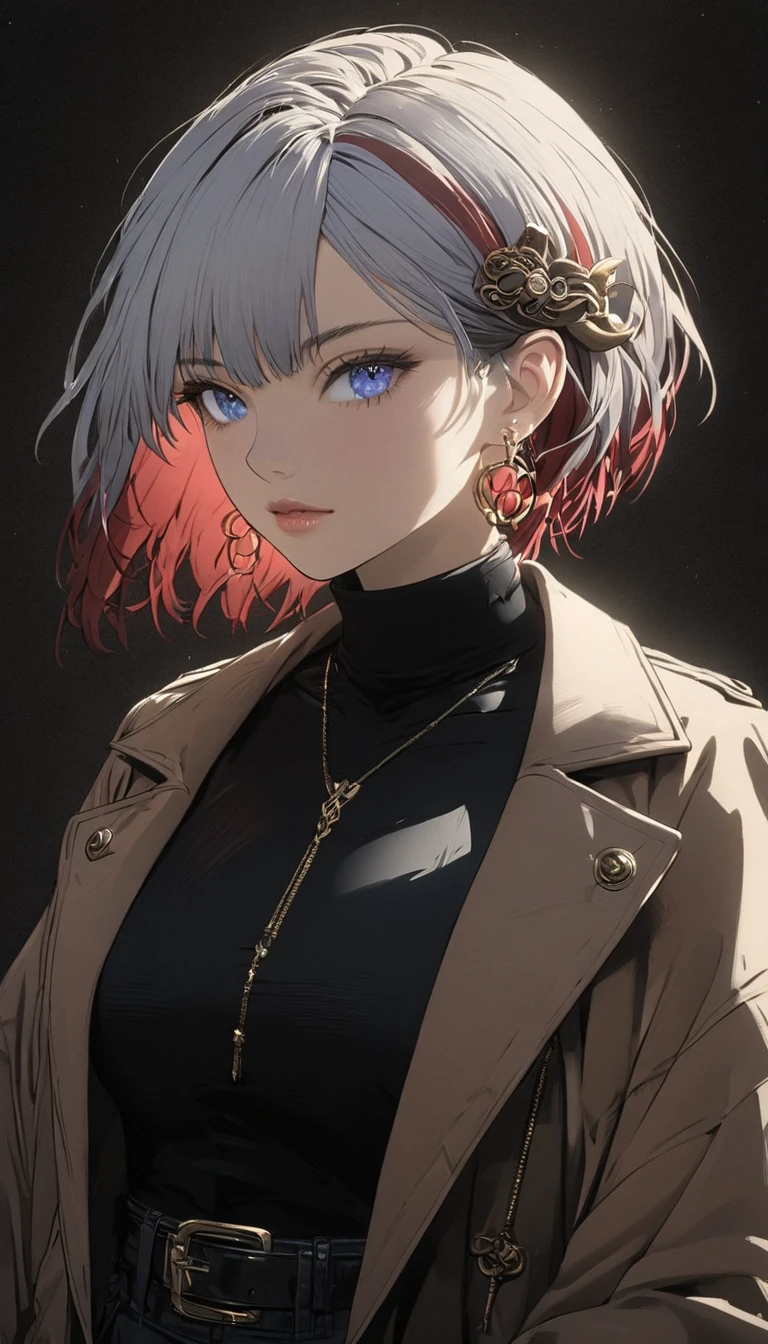 1girl, sunglasses, brown coat, dark turtleneck, small earrings, baggy jeans, plain background, 8k, highres, dramatic lighting, cinematic, elegant, beautiful detailed eyes, beautiful detailed lips, extremely detailed face, long eyelashes, ft colors, pastel colors, warm tones, full body shot, whole body, mature female, 1girl, breasts, blue eyes, solo multicolored hair, red hair, black gloves, short hair, grey hair, hair ornament, streaked hair, whole body shot
