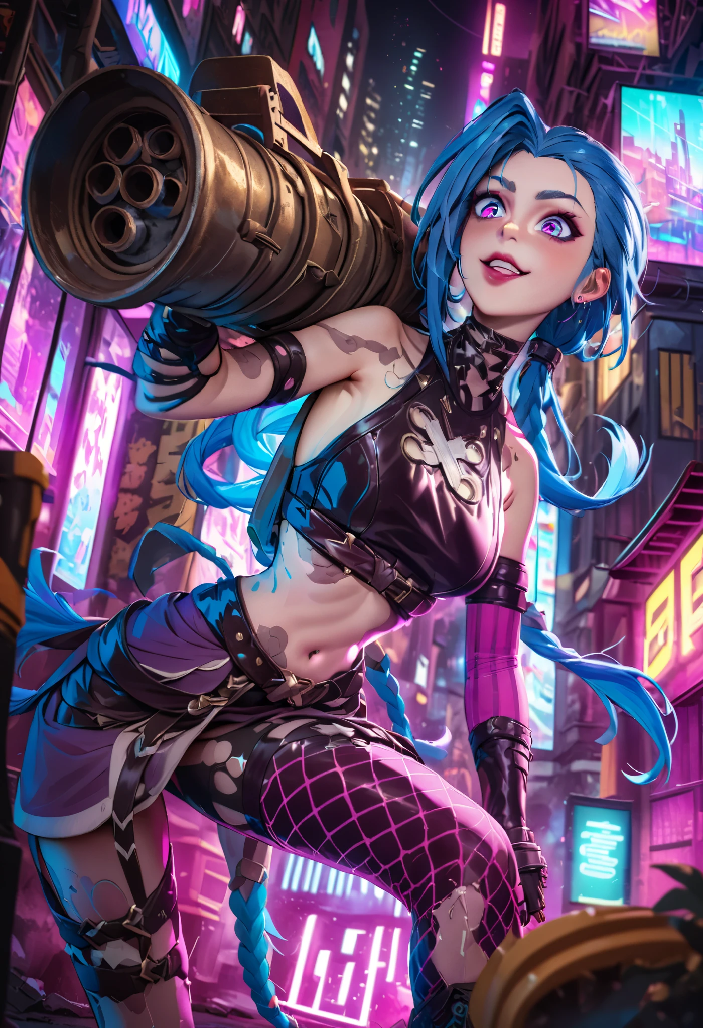 a mischievous girl with blue hair, detailed eyes, full lips, septum piercing, ripped stockings, holding a large rocket launcher, dynamic pose, colorful cyberpunk city background, neon lights, highly detailed, digital art, vibrant color palette, cinematic lighting