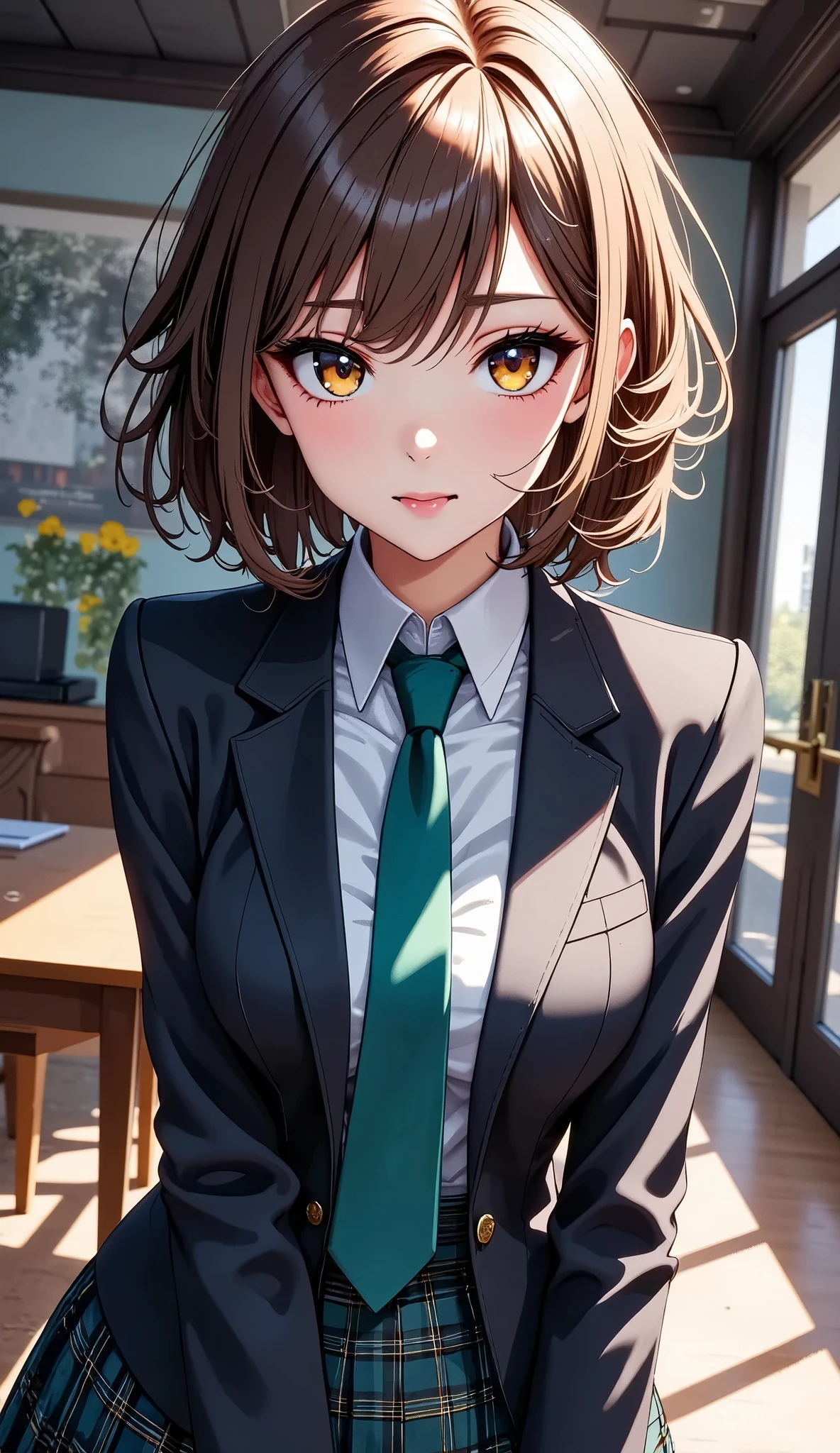  Women with Impressive Beautiful Eyes :1.2,  beautiful eye for detail, Beautiful Detailed Lips ,  highly detailed eyes and faces,  long eyelashes ,  1 girl, ((uniform, blazers, Green tie,  Plaid Pleated Skirt,  black tights)),  Elegant Poses , Cute, Anime aesthetics,  cinematic lighting ,  bright colors ,  dramatic composition,  soft focus, (Best Quality, 4K, 8k,  Hi-Res, Masterpiece 1. 2), Ultra fine, ( real,  photorealistic,  photorealism:1.37),  precise details , Delicate features, Ceramic skin, Natural lighting, Graceful pose, Graceful Movement, Mysterious, Dreamy, Whimsical,  Magical Realism .