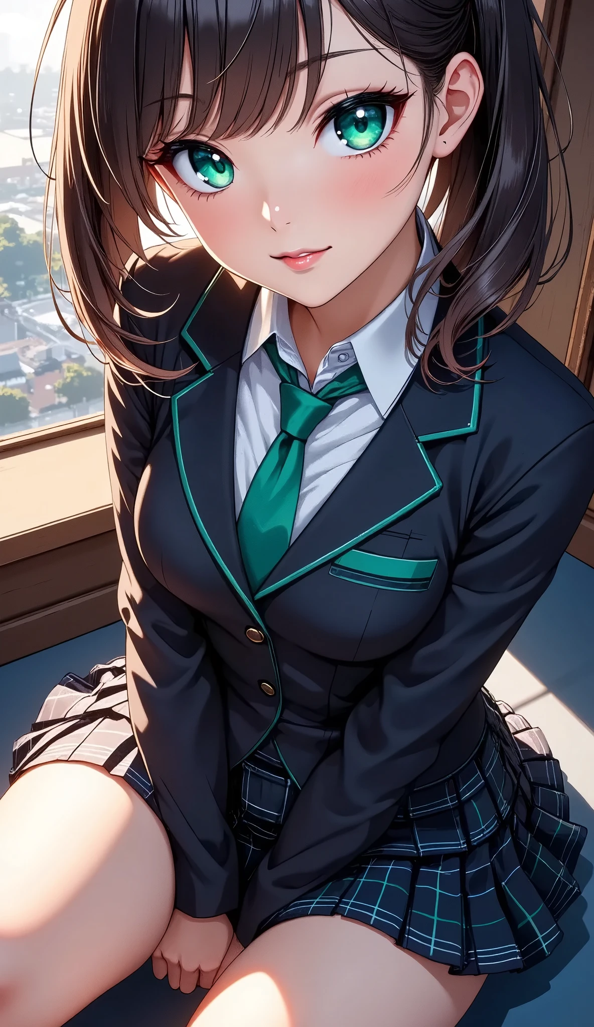  Women with Impressive Beautiful Eyes :1.2,  beautiful eye for detail, Beautiful Detailed Lips ,  highly detailed eyes and faces,  long eyelashes ,  1 girl, ((uniform, blazers, Green tie,  Plaid Pleated Skirt,  black tights)),  Elegant Poses , Cute, Anime aesthetics,  cinematic lighting ,  bright colors ,  dramatic composition,  soft focus, (Best Quality, 4K, 8k,  Hi-Res, Masterpiece 1. 2), Ultra fine, ( real,  photorealistic,  photorealism:1.37),  precise details , Delicate features, Ceramic skin, Natural lighting, Graceful pose, Graceful Movement, Mysterious, Dreamy, Whimsical,  Magical Realism .