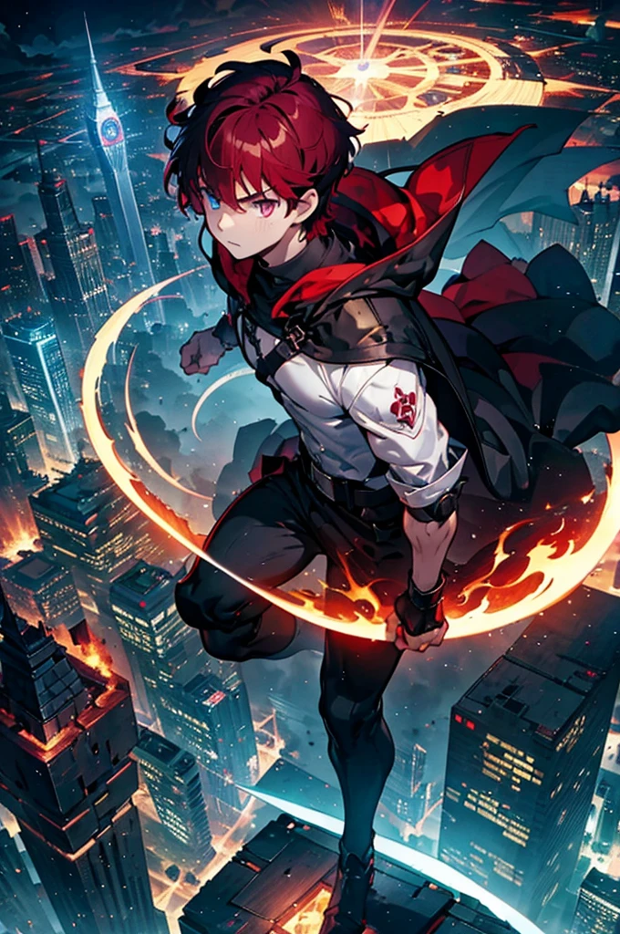 Buildings at night、Top of the building、Intense Combat、Warrior with sword、 Pale and White Magic Circle Floating in the Sky ,  Blade Through the Darkness  , Heroes Confronting World Destruction ,Wonderful fantasy, 1 Boy 、Young man with burgundy hair、,disaster々 A Group of Evil Monsters ,Battle of Fate , short hair