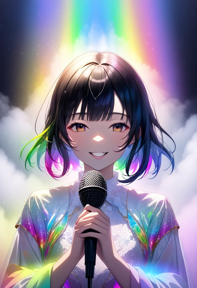 A woman with medium black hair holding a microphone with both hands"Haruna"The gentle smile , Vocal stage costume based on white , Hold the microphone with both hands,  upper body focus ,  bust up shot, ((background:Mysterious fog  , Rainbow, Neon Dust, Shading Effects,  gradient magic effect , Fog filter effect , Glitter Effect, Graphic CG digital art))