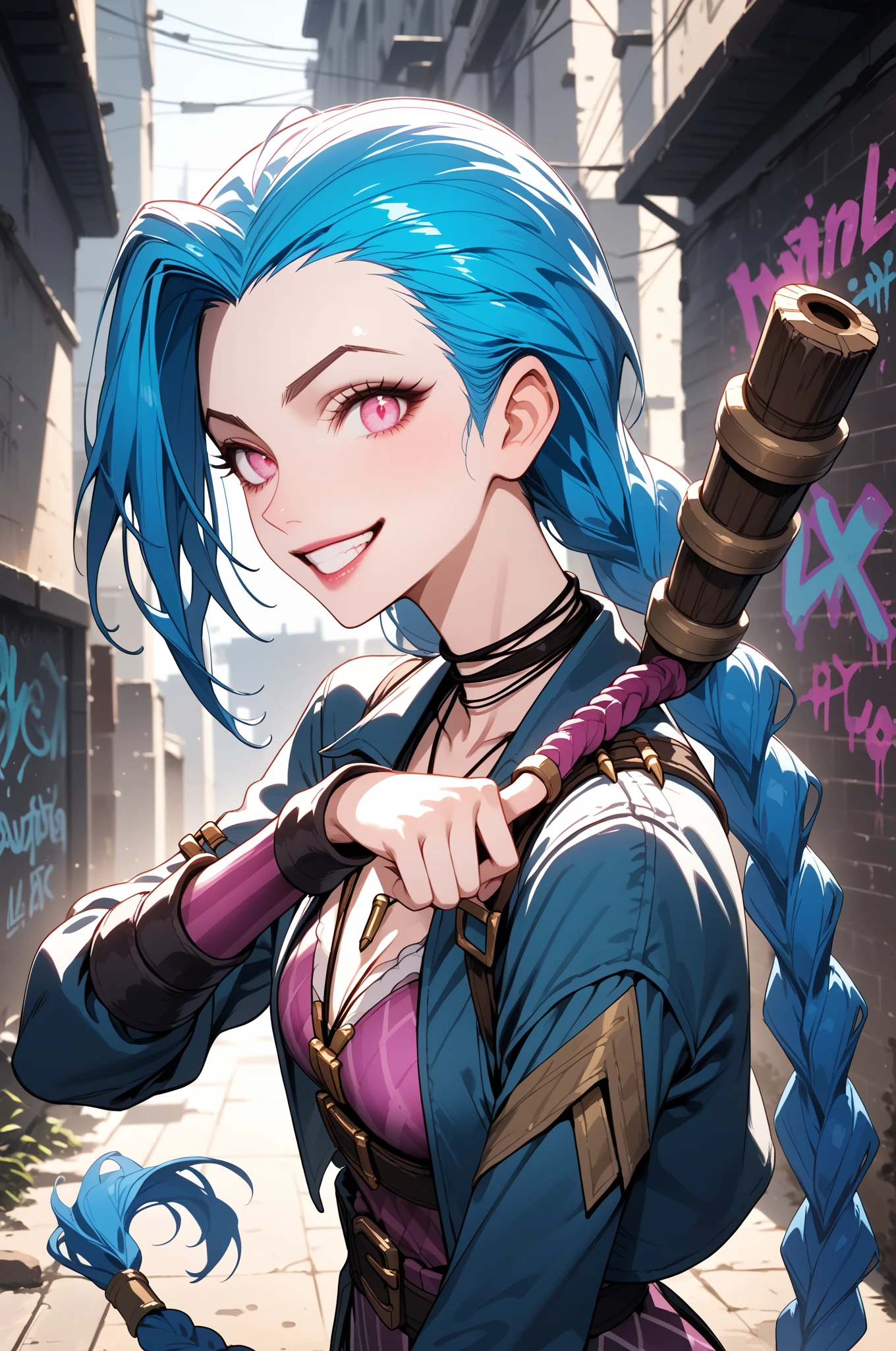 score_9, score_8_up, score_7_up, score_6_up, source_anime, score_anime, SFW, rating_safe, jinx_(league_of_legends), league_of_legends, 1girl, blue_hair, pink_eyes, perfect face, expressive face, expressive eyes, perfect eyes, (perfect anatomy), (perfect hands), solo, female focus, , fair skin, , eyebrows visible through hair, blue hair, braided hair, (eyelid:0.0), (perfect eyelid), beautiful eyebrow, (eyelashes:0.4),  parted mouth, smile, teeth, excited expression, medium breasts, dynamic pose, looking at viewer, standing, hand up, holding weapon, holding gun,  half body, close up, view from side, outdoor, in the alley, graffiti, graffiti on the walls,