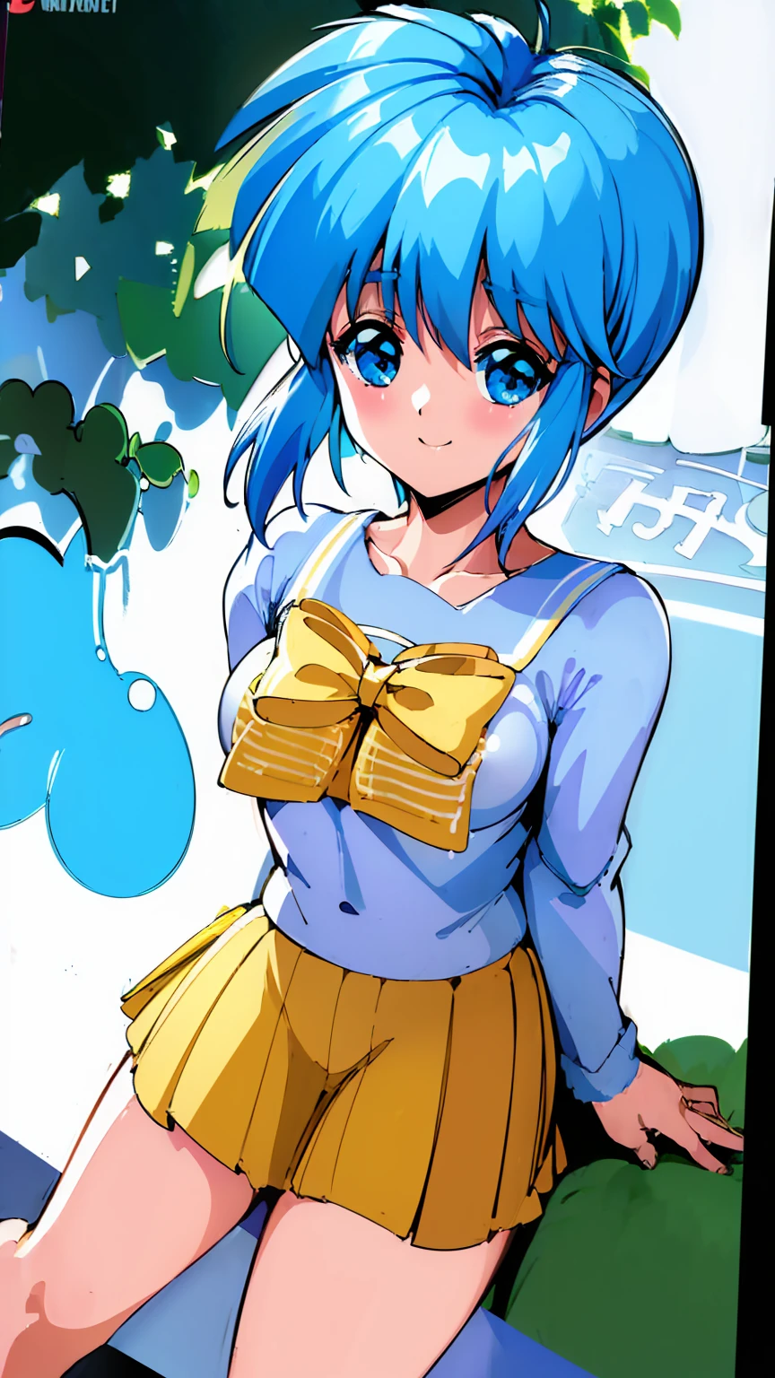 ( best quality, 8k, 32K, masterpiece,  ultra high resolution:1.2),  blue hair,  short hair, Saki Nijino, smile, fine, Full Strength, guts , sweat , kawaii, Eros,  mini skirt, Naughty expression, Nipple erection