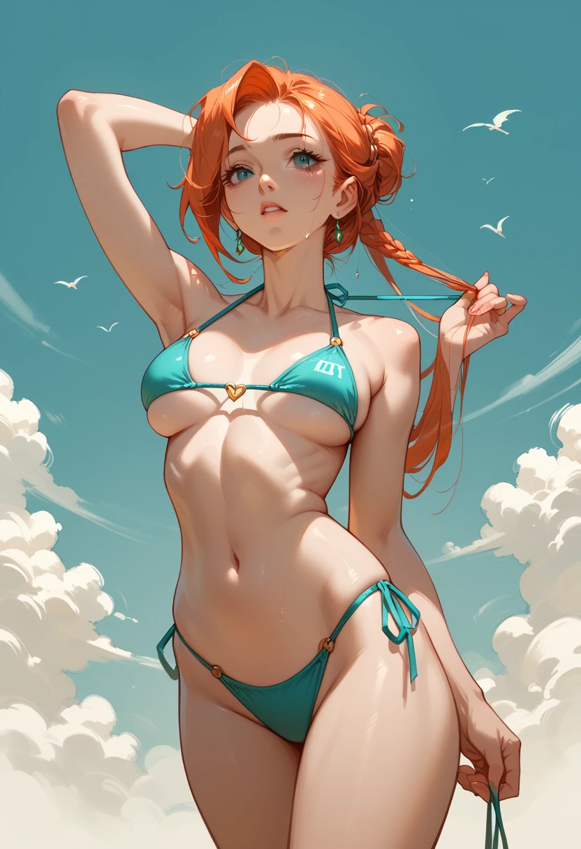 Anime perfect body naked nude woman, multicolor long hair, iluminated blue eyes, red lips, perfect small nude breasts, shows hairy pussy, flying between clouds  in ambient desert beach naked nude perfect body, sexy smile, HarleyQuinn