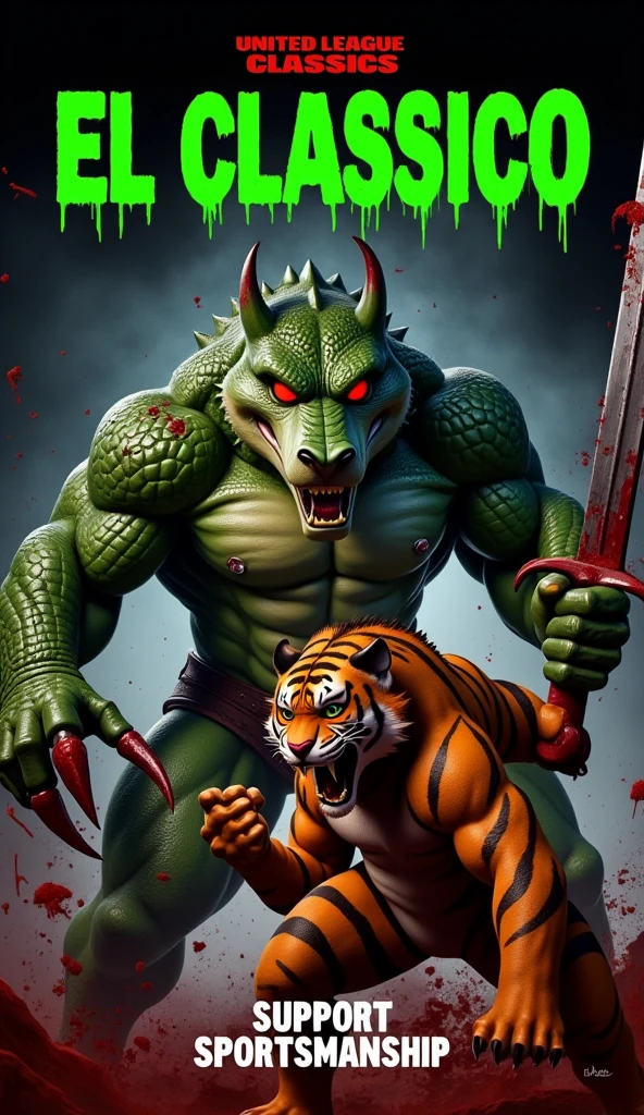 The film poster design for the horror film entitled 'EL CLASSICO' The poster shows a fierce fight between a muscular anthro green crocodile demon with bright red eyes and blood-stained fur. fighting the orange tiger demon. His body was covered in scars, and his expression was filled with anger and determination. In one hand, he holds a jagged, blood-stained weapon, ready for revenge. The background is dark, with the shadows of his tormentors looming, creating an atmosphere of terror and fear. The title 'United League classics' is displayed at the top in bold, green, blood-dripping letters. A tagline below reads: 'Support Sportsmanship.' in a simple, clean font, paying tribute to its creator. The color palette uses dark reds, blacks, and grays to emphasize the horror and brutality of the film. The atmosphere is tense, filled with the constant promise of revenge."