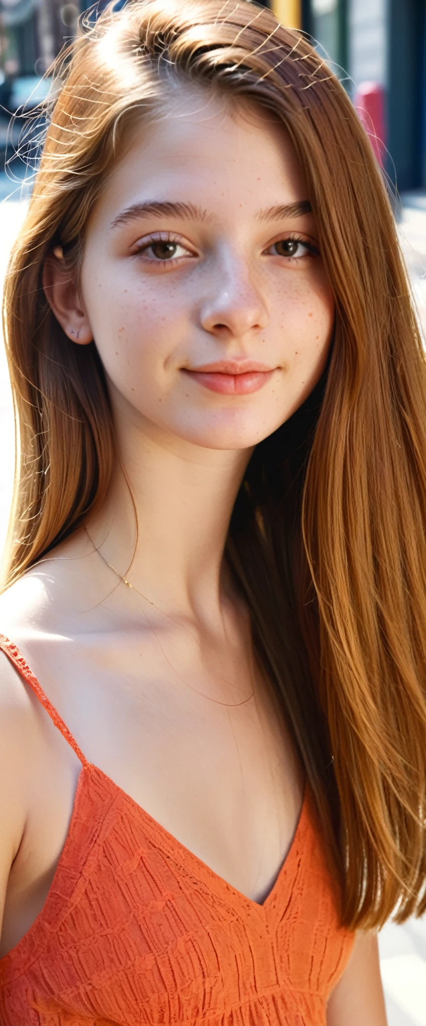 (indistinguishable from reality:1.4), 1girl, selfie, An half portrait of a beautiful 18y.o New York , (detailed facial features), (freckles:0.2), (acne:0.1), long thick luxurious straight hair, beautiful Jewish nose, shy smile, walking on street, summer, sun, ultra detailed texture cropped, bright primary colors, Nikon FM2, 35mm SLR full body