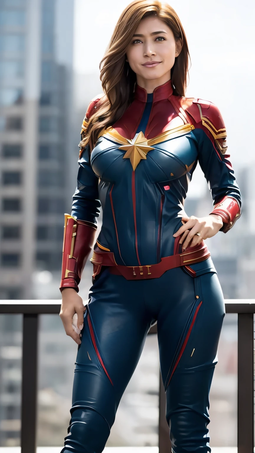 (masterpiece), (Best Quality), (Super detailed), (Spectacular Light Reflections ), Shine, Shining neon lights,  Manhattan in New York in the background , Statue of Liberty visible ,  One Mature Woman ,  She's Captain Marvel from the 2019 movie Captain Marvel,  Her costume is a costume design for the 2019 movie Captain Marvel, red eyes, Red Hair, Full make-up,  New York Times Square , Plump pink lips , A beautiful straight nose, Her breasts are so big and round that they stick out of her body ,  Hard Erect Nipples ,  tight waist with visible abs , Big round ass,  Beautiful Pink Pussy , Brown Pubic Hair , Healthy bright skin ,  Body Shape Blown by Strong Wind ,  8 very well-balanced and attractive body lines , She is the beautiful Captain Marvel,  Extremely Tight Bodysuit ,  Ultra Bodysuit Details , Underneath the bodysuit is completely naked ,  I have big breasts and put my hands on my hips {x} I can see her completely naked body line from the top of her bodysuit,  hair blown in the wind , ((full body)), Symmetrical pose,   Reflections Posing with a Scarf ,  I'm looking at viewers with a smile , Male with big chest and legs shoulder-width apart 々 with legs shoulder-width apart ,  looking at viewers , Her hands are shining yellow , The costume design for the 2019 movie Captain Marvel has a very beautiful and flattering body line, Horizontal Angle,  medium shot showing the Statue of Liberty ,  lace bra ① ,  smiles with her mouth open and a very nice smile, 