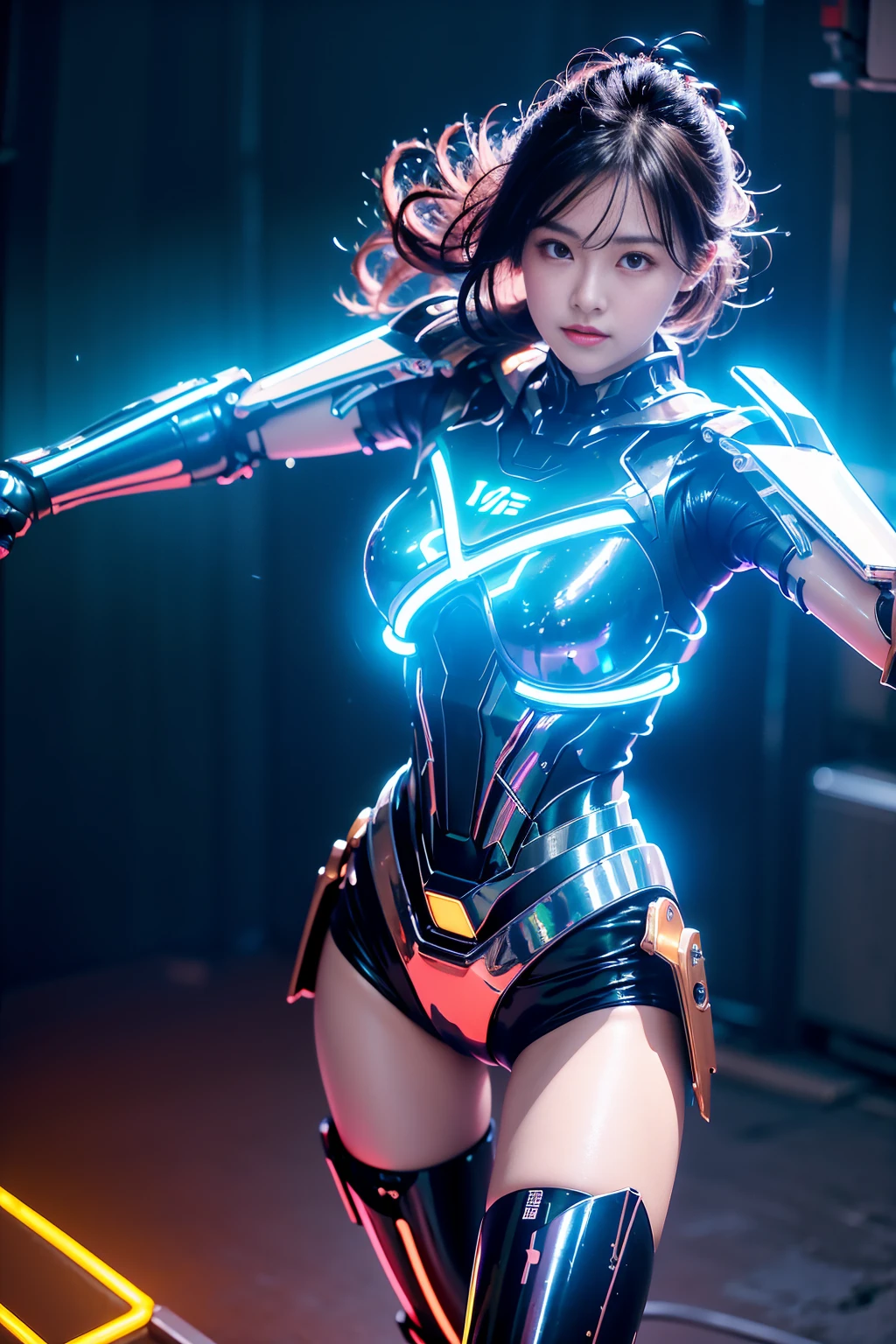 ((masterpiece, best quality)),illustration,ultra detailed 8k,photorealistic,sharp focus,highly detailed,professional lighting,colorful details,iridescent colors BREAK extreme long shot of a factory,large mechanical robot construction,microchip,computer,glowing,intricate details,shitu-mecha,1girl is standing in front of the audience,Navel