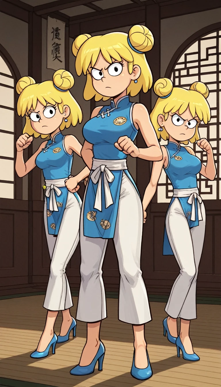 lori loud, 3girl, trio, 24yo girl, blue cheongsam,  inside of a chinese style temple, large breasts, looking at viewer, blonde hair, short hair, two hair buns , hands  score_9, score_8_up, score_7_up, high heels,teep fighting stance,martial arts, long white pants, triplets