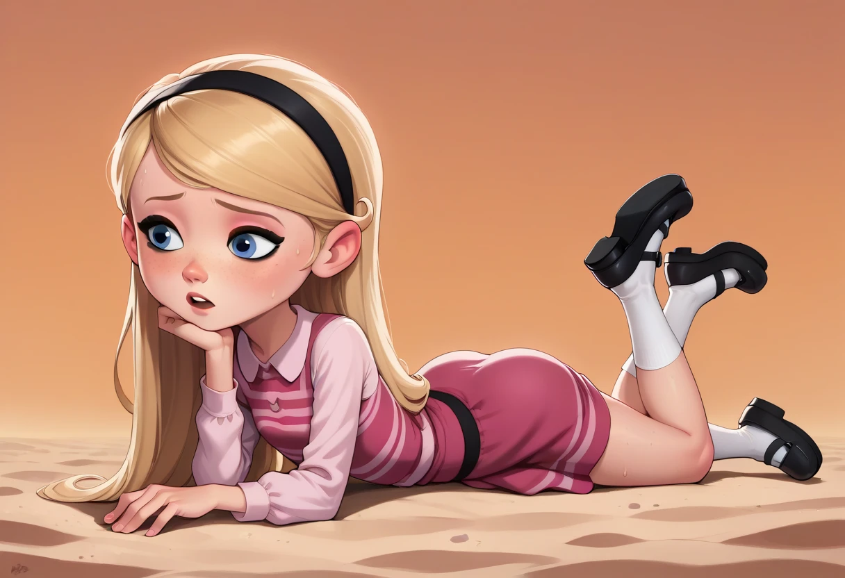 1girl, full body, solo, penny peterson, long hair, blue eyes, freckles, blonde hair, shirt, skirt, hairband, black hairband, white socks, dress, pink dress, long sleeves, mary janes, black mary janes, straight-on, lying, on stomach, crawling, showing her butt, Cute butt, on ground, tired, open mouth, tounge out, Sweating, in the sand, Desert Background