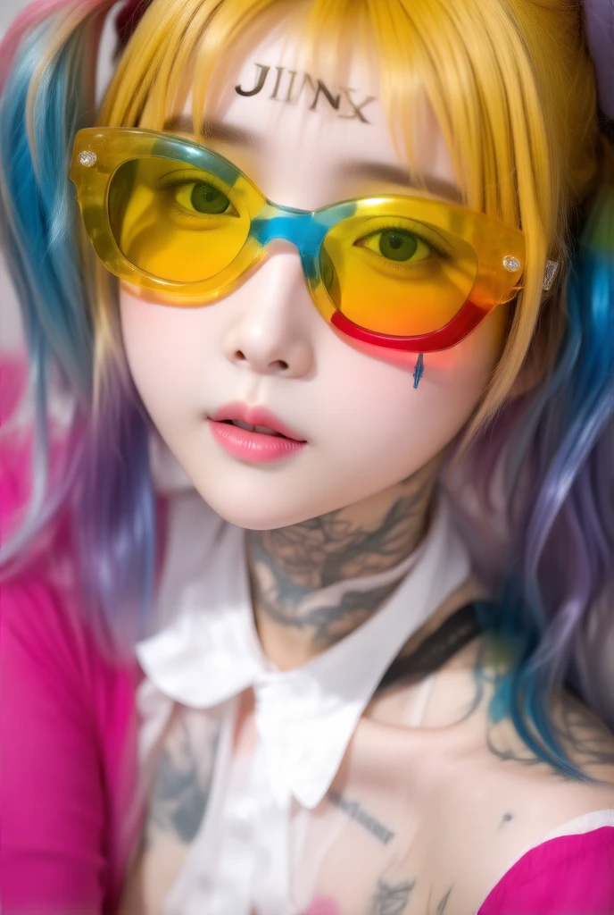 一幅  vibrant  的波普艺术插图，  taken up close in color inkjet “JINX”  ，  vibrant  ， Colored sunglasses ，Tattoo，Model pose，  animated illustration  ，  best quality，  Ultra HD， A vibrant pop art illustration of Jinx 