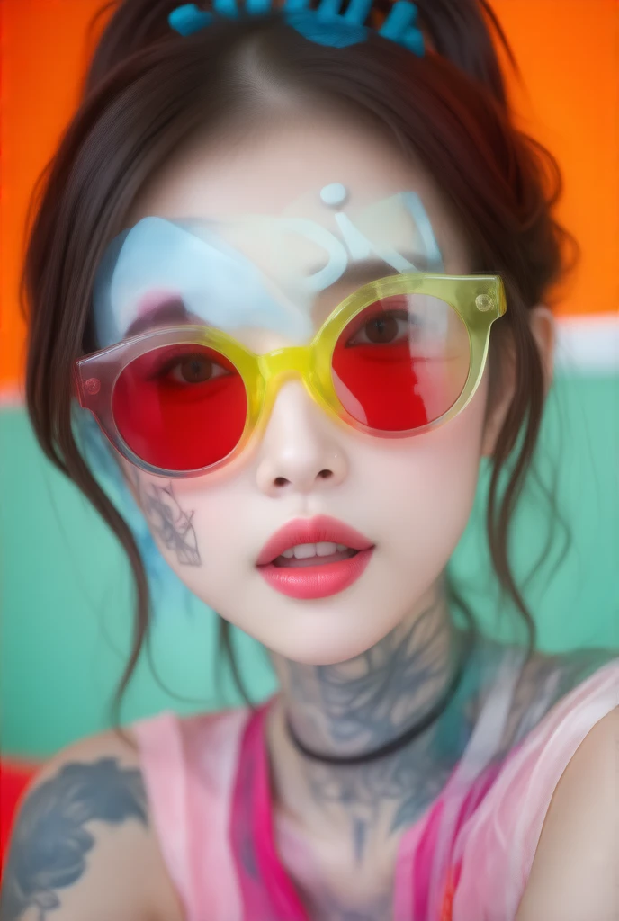 一幅  vibrant  的波普艺术插图，  taken up close in color inkjet “JINX”  ，  vibrant  ， Colored sunglasses ，Tattoo，Model pose，  animated illustration  ，  best quality，  Ultra HD， A vibrant pop art illustration of Jinx 