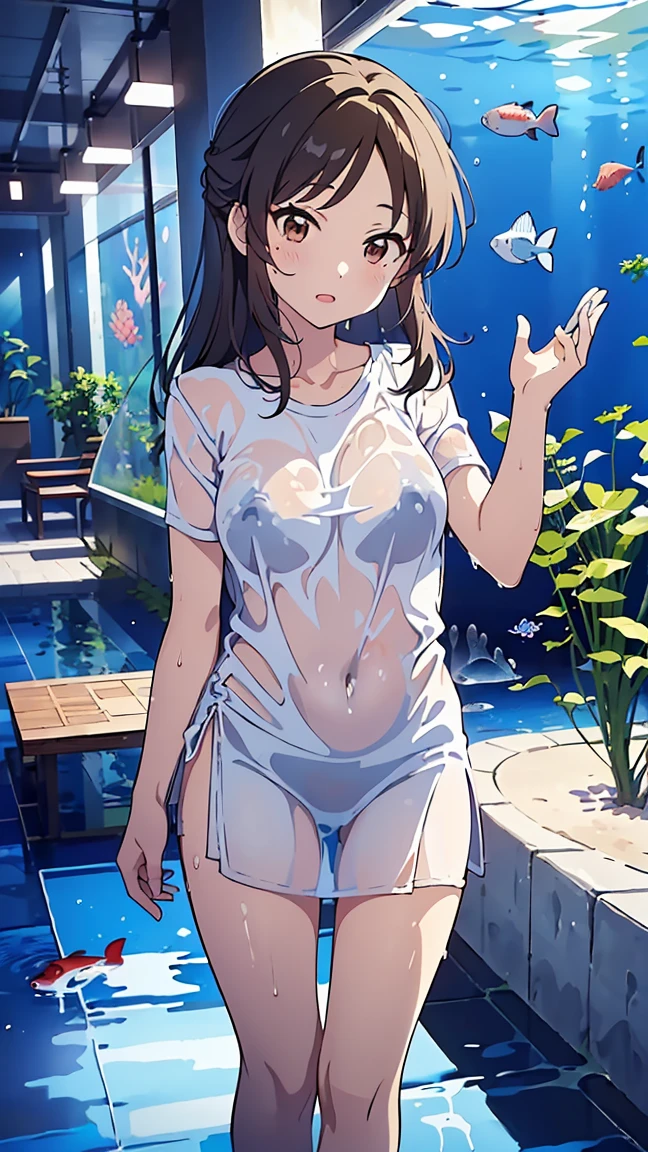 (8K, RAW photo, highest quality, masterpiece: 1.2), (realistic, realistic: 1.37), 1 girl, Japan, 25 years old, woman, pool, splash, Natural light, photon mapping, radio city, dark brown hair, detailed face, detailed lips, fine eyes, more skin, double eyelid, ((Wet and see-through t-shirt、white mini flare skirt)), the shape of the nipples is clearly visible, (The shape of the pubic bone is clearly visible), perfect body, (wet body: 1.5), shiny skin, (Are standing), thighs open, sexy pose,, eye contact with camera、(((white background)))、Shirt with open collar、