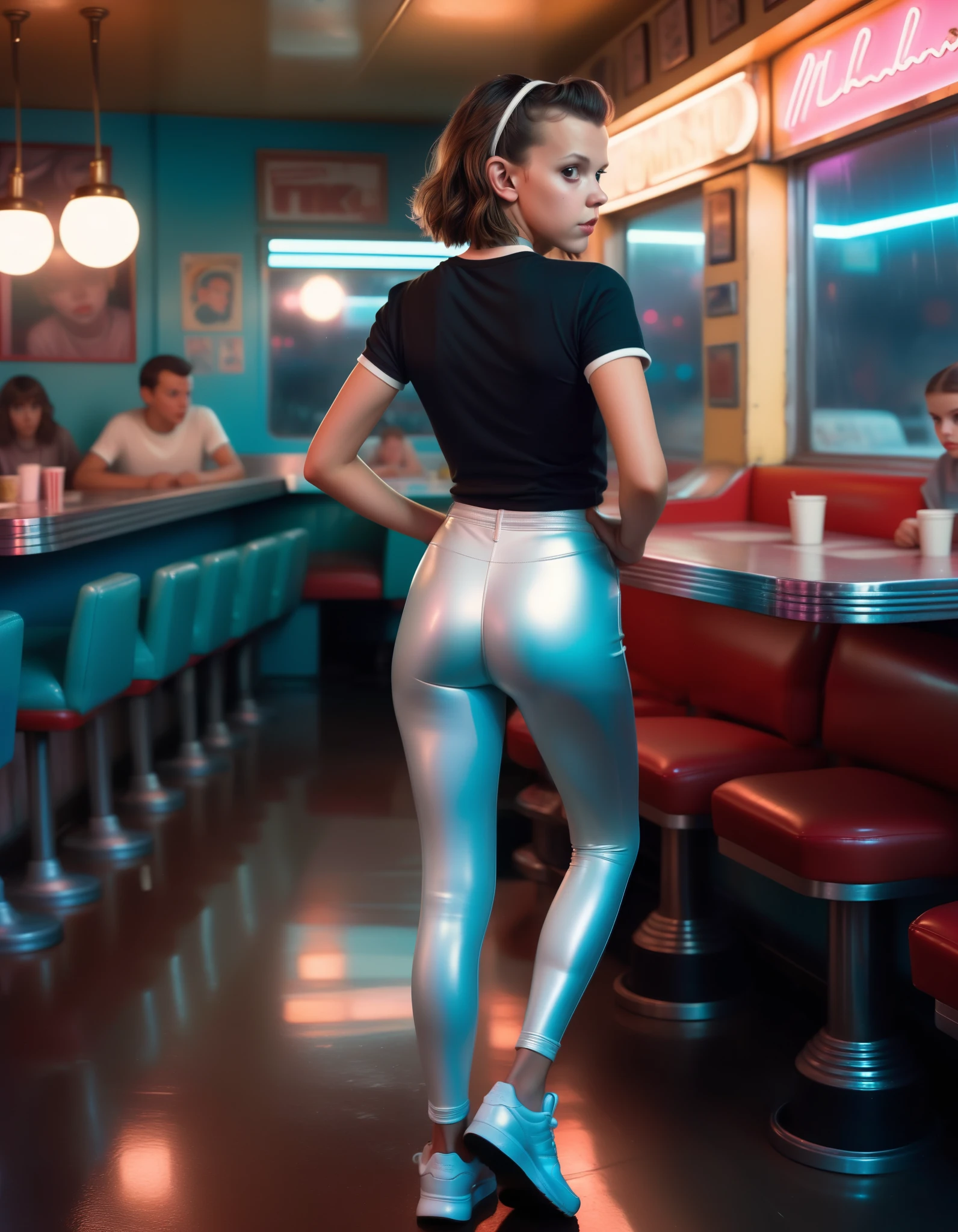 Millie Bobby Brown, , revealing tight plain t-shirt and tight shiny leggings, trainers, standing in a diner in the 1980s at night, (dynamic pose shown from behind, looking back at the viewer:1.2), medium shot:1.2, highres highly detailed best quality UHD RTX by Ilya Kuvshinov Tom Bagshaw WLOP