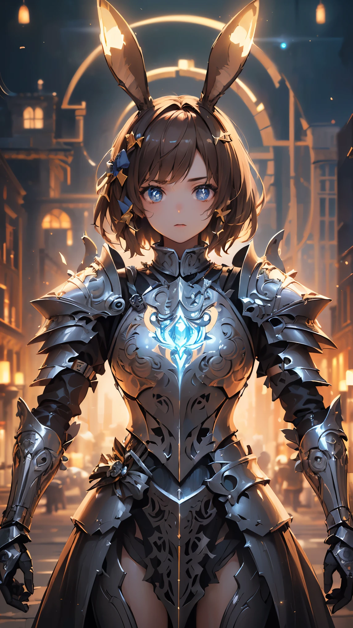 (((Best quality, 8k, Masterpiece: 1.3)), ((best quality)), ((masterpiece)), (detailed), perfect face, perfect body, (detailed skin:1.3), (intricate details), cinematic lighting, sparkle, glowing light, rabbit ears, hime cut, brown hair, hair bow, ribbon, pupils sparkling, tareme, (knight wearing steel armor), cowboy shot