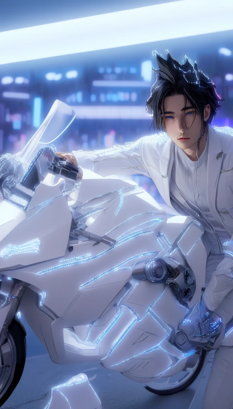 A young man, handsome man, black hair, white suit. standby on his white bike. futuristic bike, white bike, glowing blue light. futuristic city, neon light, blurred background.