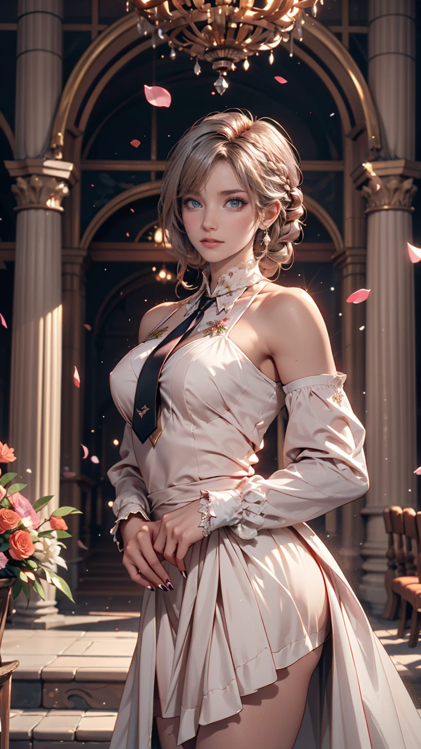 woman, strict,  elegant ,   pink dress , Aristocratic, Silver element, Long nails, Shoulder Bare, Hairstyle, Tie your hair up, Braids and ponytails, Messy, arrogant,  absurd, Detailed dress, Royalty, celebration, Hall decorated with flowers, Cowboy Shooting, Portraiture, (Best Quality), (masterpiece), ( very detailed), (4K)