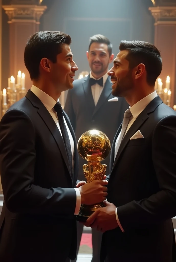 Dreamer GIANNI INFANTINO in a totally bald suit, Passionately kissing Messi next to the World Cup, Behind them, referees celebrating with Argentine players