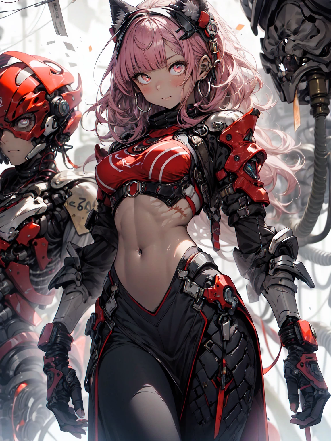 Be realistic、（masterpiece、Best Quality、Best Quality、 very detailed、 Fractal Art、Most detailed、（Abstract Background：1.5）（1 Girl）、Kamimei、（pink wolf hair）、（puppet、Glowing red eyes、 pink hair、Long Hair、 dull bangs、Big Breasts、 tight abs 、Stunned）、 crystal 、 red bikini、 sexy、Machine Armor、 sunburned skin from before、（ pencil skirt）、irritated eyes 、Underboob