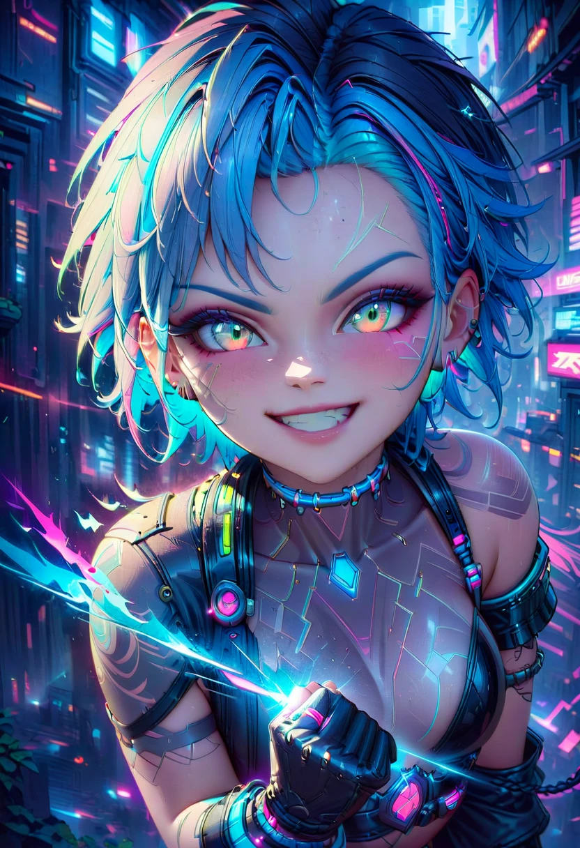 a close-up of a person with blue hair and tattoos, jinx from arcane, arcane jinx, jinx from arcane, jinx from league of legends, dynamic fighting pose, holding weapons in hand, detailed, expressive smile, vibrant, inspired rossdraws cartoon in rossdraws, epic digital art illustration, fantastic art style, cyberpunk art style, vibrant pastel rossdraws,futuristic city neon cyberpunk, rossdraws 2. 0, deviantart artstation cgsscosiety