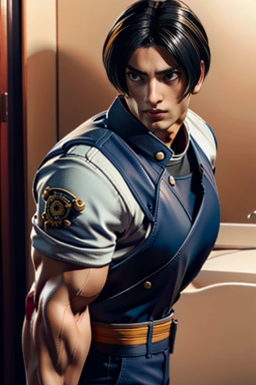 Male policeman, in bedroom, police uniform, Japanese anime style, depression angle, medium view