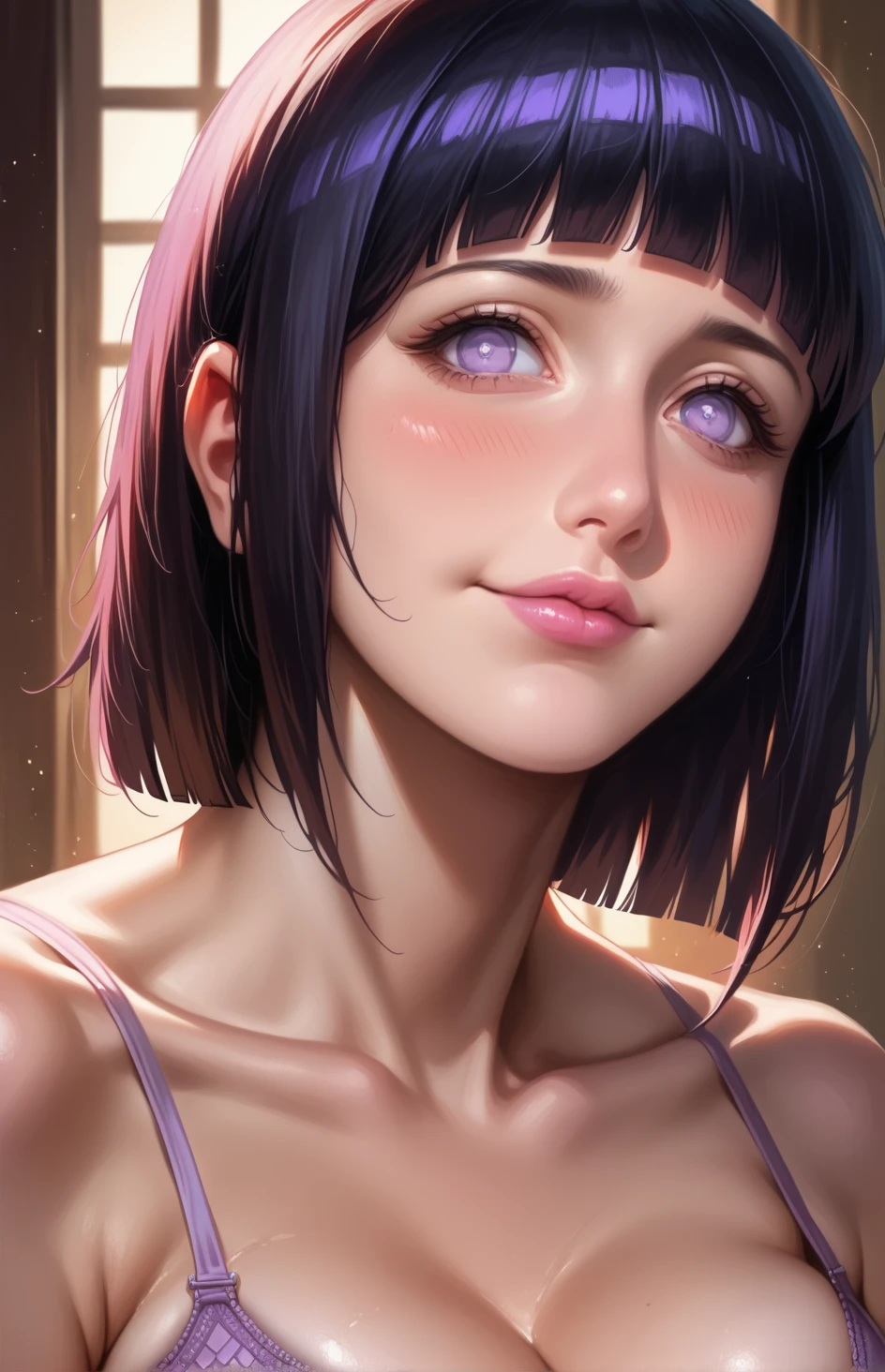 masterpiece, absurdres, busty slut. milf, \hinata\(boruto\), 1girl, solo,mature female, string bra, huge ass, in hotel, showing her ass, perfect composition, detailed lips, huge breast, cleavage, beautiful face, body propotion, blush, (pink lips), short hair,  purple eyes,  soft gaze, sad smile,  super realistic, detailed, photoshoot, realistic face and body,  realistic hair, realistic eyes, realistic nose, realistic lips, realistic thicc thigh, black hair, detailed eyes, massive breast. Hand at back.