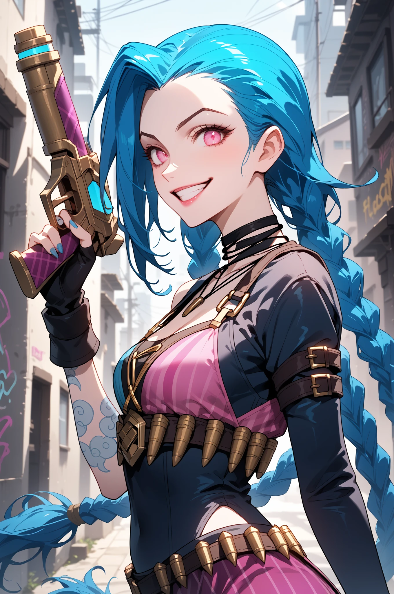 score_9, score_8_up, score_7_up, score_6_up, source_anime, score_anime, SFW, rating_safe, jinx_(league_of_legends), league_of_legends, 1girl, blue_hair, pink_eyes, perfect face, expressive face, expressive eyes, perfect eyes, (perfect anatomy), (perfect hands), solo, female focus, , fair skin, , eyebrows visible through hair, blue hair, braided hair, (eyelid:0.0), (perfect eyelid), beautiful eyebrow, (eyelashes:0.4),  parted mouth, smile, teeth, excited expression, medium breasts, dynamic pose, looking at viewer, standing, hand up, holding weapon, holding gun,  half body, close up, view from side, outdoor, in the alley, graffiti, graffiti on the walls,