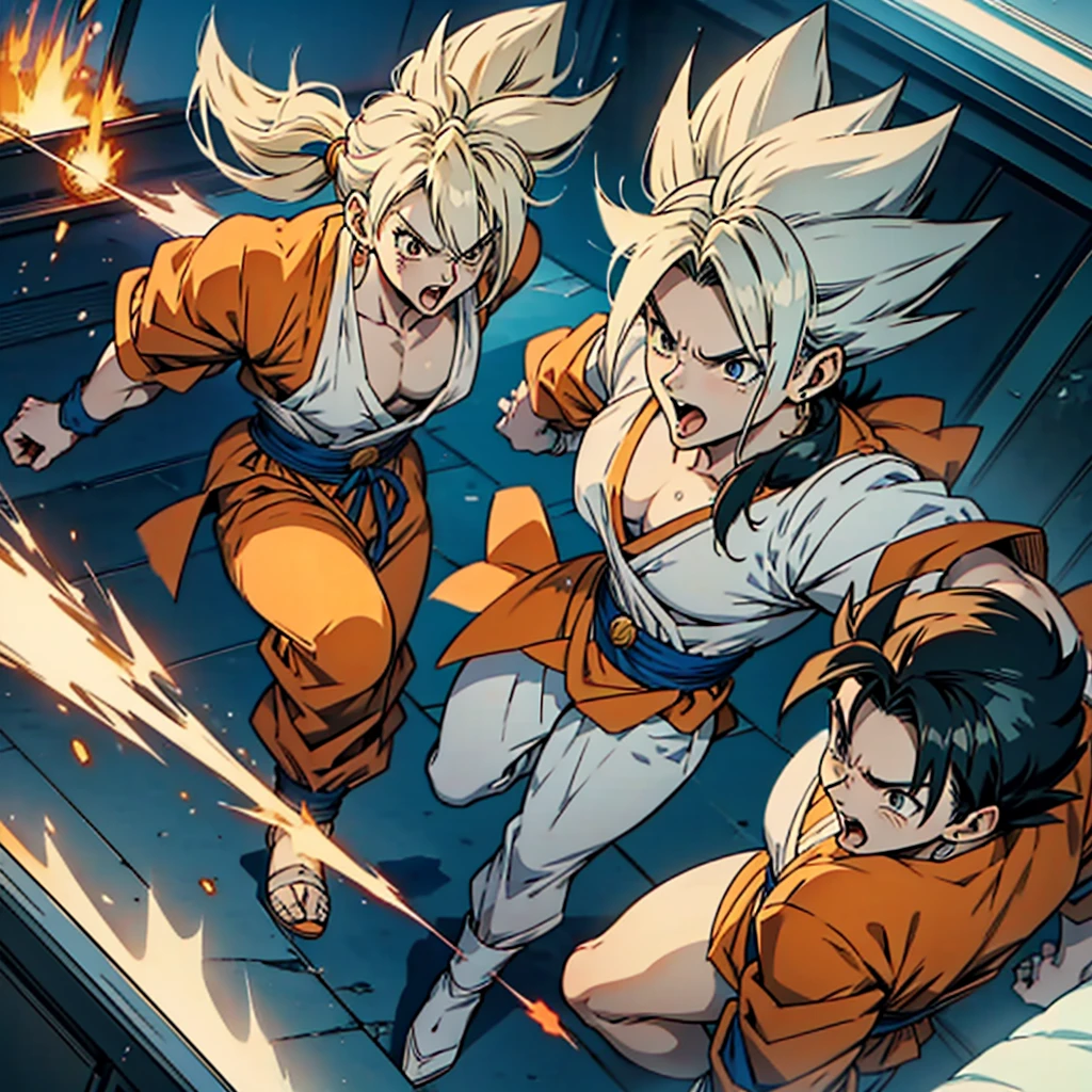 Two clones of goku wearing  with  wearing white bikinis were  in a clean white bedroom. their pushed forward with his hands parallel, looking angry and shouting with his mouth open.
