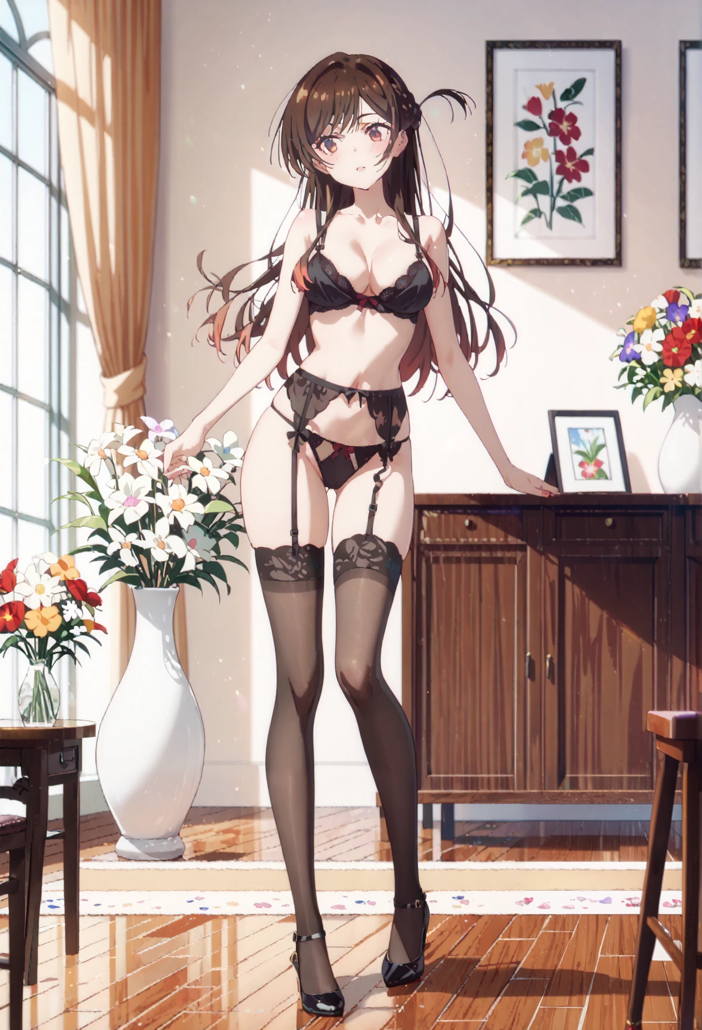 score_9, score_8_up, score_7_up, source_anime,1girl,multicoloed flowers,big vase,marble floor ,nude,underwear,,black Bra,black panties,flower stand,underwear only,spacious room,chizuru_mizuhara, long hair, bangs, brown hair, brown eyes, red eyes,medium breasts,black lace garter stockings,black thighhigh,garter belt,