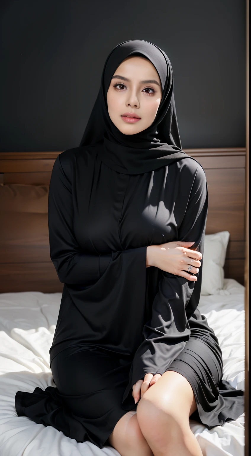 (k, RAW photo, best quality, masterpiecel1.4), ((sitting on a bed)) , ((  painful face )),  (realistic, photo-realistic:1.37), photo of a women in black hijab, 1girl and 1 men, (lighting), [[spread legs]], ((wearing black fit jubah)) , ((selfie pose)), ((covered breast)), sedicucing, revealing, cleavage, hot hips