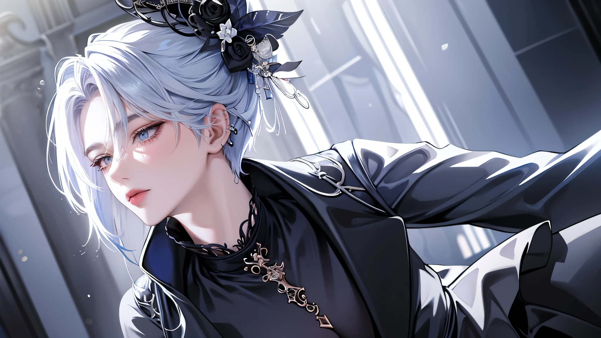 One Beautiful woman、light Silver short hair、Hairstyle with black end color、glowing blue eyes、anime makeup、"A woman with a cute and androgynous face"、white skin、cute eyes、Very thin eyebrows、tall、stylish black gothic fashion、long sleeves long pants、Winter clothes、19 years old、Japanese-Korean half woman、Has a languid look、anger、Lower the corners of your mouth with no expression on your face、Photographed from the side diagonally、model photoshoot、masterpiece、highest quality、high resolution、fantasy、glaring expression、korean makeup、Wear a lot of piercings、Cool photos、blurred black filter、Various poses、blue filter