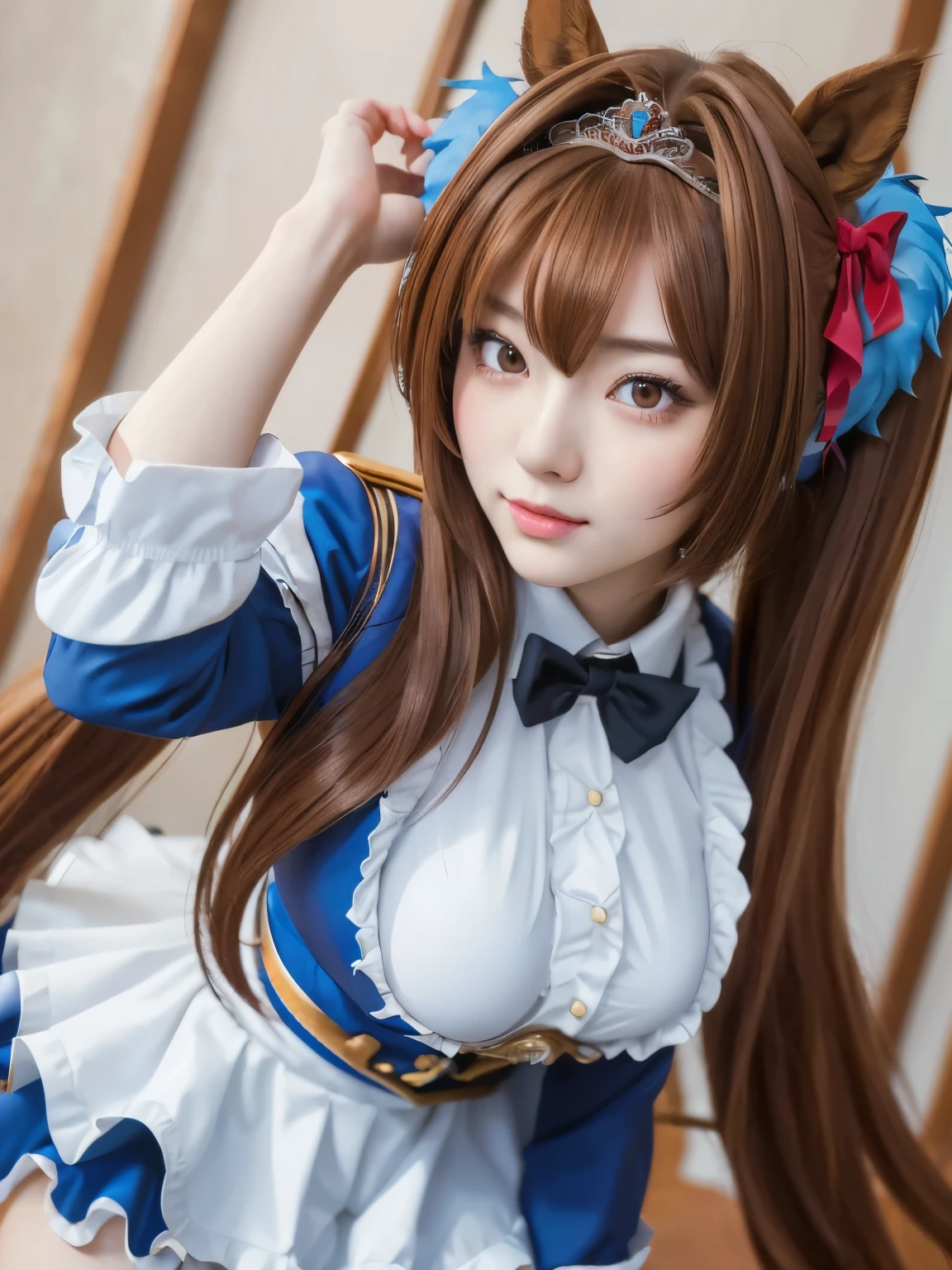 Daiwa Scarlet, Brown Hair,   hair intake , red eyes, Long Hair,  twin tails,  animal ears ,   horse girl ,
break (Best Quality, 16k, masterpiece:1.55),  super detailed face, Detailed lips,  detail eyes , double eyelid, 
break (Happy smile),  upper body, ( Seductive Poses:1.6), ( Low Angle Shot , Dutch Corner,  dynamic angle that raises one leg terribly:1.5),
break 1girl,  18 years old , Ample breasts, Tall, ( big hips:1.35), 
break tiara, Horse tail, Epaulettes,  garter belt ,  Long Sleeve ,  big breasts at the temple, red eyes, Bow tie,  puff sleeve ,  blue jacket ,  white knee-length socks,  center frill ,  white shirt, White Skirt,  blue skirt,  hair bow, 
