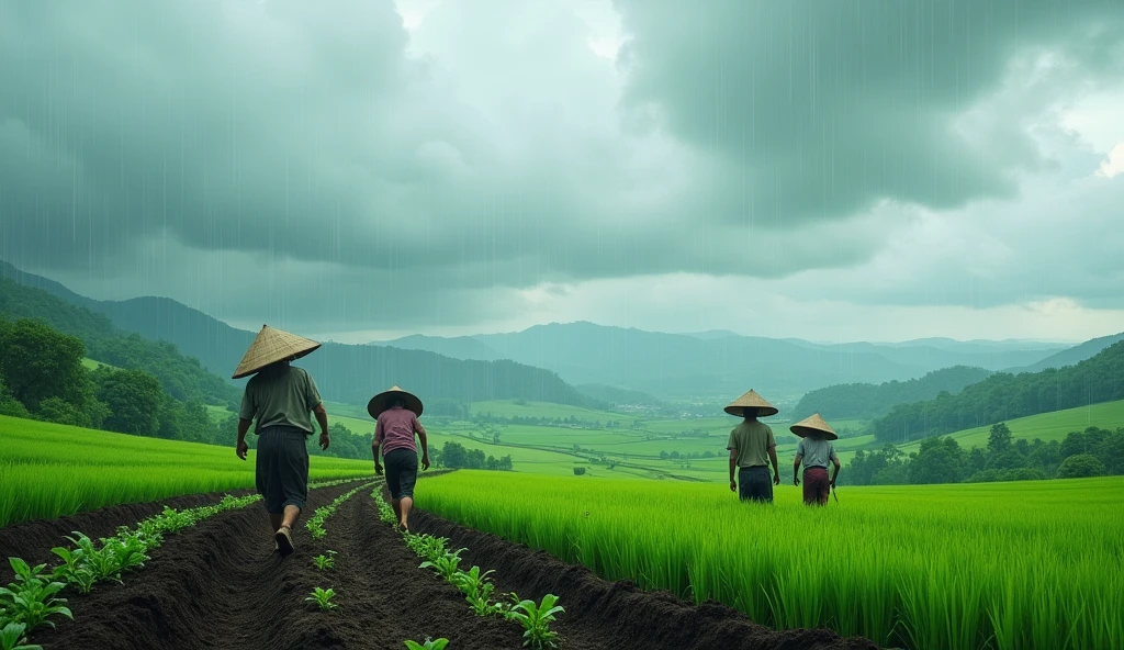Real : A rural landscape during the monsoon season, with farmers working in fields under cloudy skies between July 15 and September 15. The soil is wet, and small green plants are sprouting."