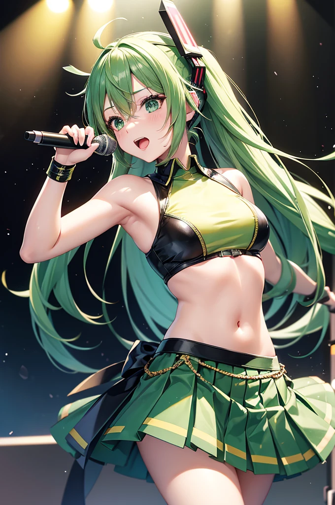 anime girl,club jacket and shorts, headphones,DJ turntable set,club lighting,stage,confetti,dancing,smiling,(best quality:1.2),(ultra-detailed:1.2),(realistic:1.37),HDR,vivid colors,portraits,shorts,headphone girl,energetic pose,colorful lights,stage set,confetti raining,joyful expression,dance floor ,anime style, atmosphere,techno music,electronic dance music,festival vibes,hip hop beats,festival outfit,energetic dance moves,expressive eyes,long hairstyle with vibrant green and red color hair, gold eyes, elaborate makeup neon lights,beaming smile,positive vibes,high-energy performance,stylized backgrounds,colorful visuals,excitement in the air, upper body portrait 