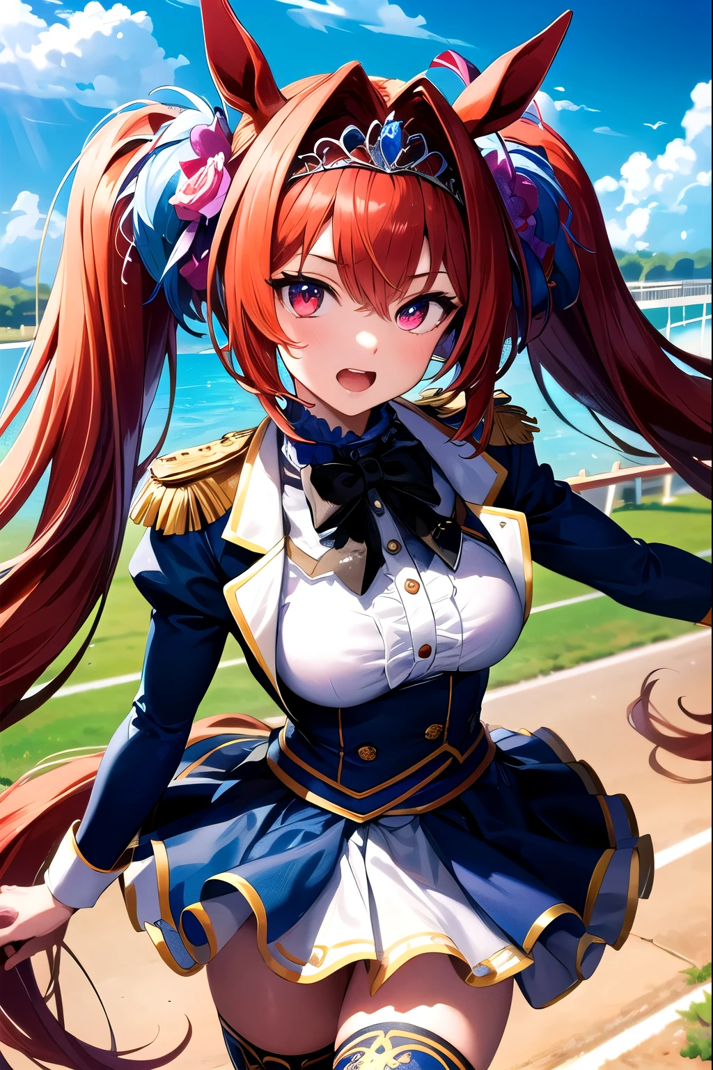 (masterpiece), Best Quality, (((Super detailed, 8K quality))),  expressive eyes ,  perfect face, perfect anatomy,  perfect body, scene, Daiwa Diff, Green,  Running,  twin tails,  tiara , Horse&#39;s ears, V-shaped eyebrows,  underbust, center frills,  bow tie, Epaulettes,  long sleeve , skirt, Thigh length, Horse tail,  Race Track  