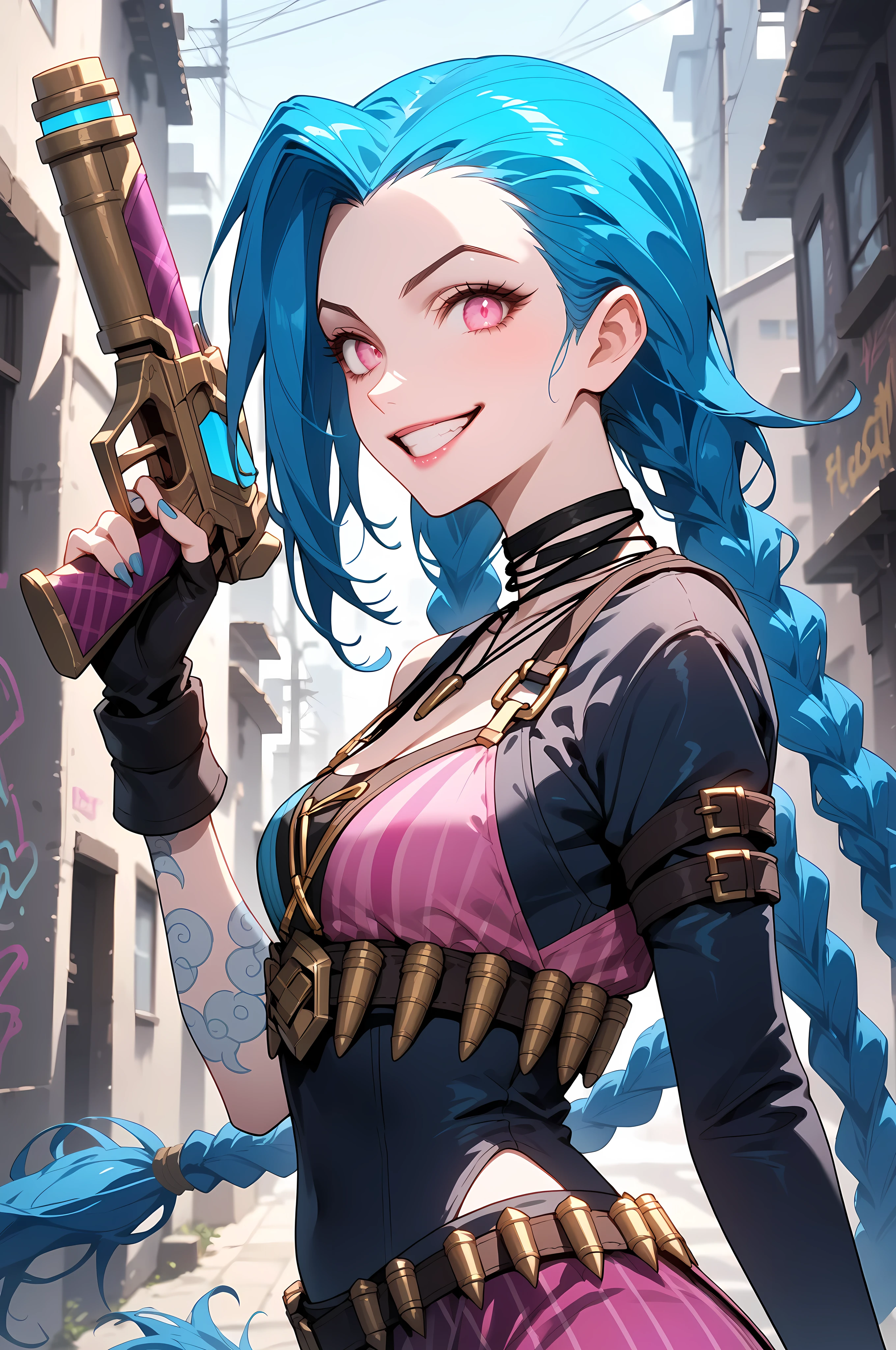 score_9, score_8_up, score_7_up, score_6_up, source_anime, score_anime, SFW, rating_safe, jinx_(league_of_legends), league_of_legends, 1girl, blue_hair, pink_eyes, perfect face, expressive face, expressive eyes, perfect eyes, (perfect anatomy), (perfect hands), solo, female focus, , fair skin, , eyebrows visible through hair, blue hair, braided hair, (eyelid:0.0), (perfect eyelid), beautiful eyebrow, (eyelashes:0.4),  parted mouth, smile, teeth, excited expression, medium breasts, dynamic pose, looking at viewer, standing, hand up, holding weapon, holding gun,  half body, close up, view from side, outdoor, in the alley, graffiti, graffiti on the walls,