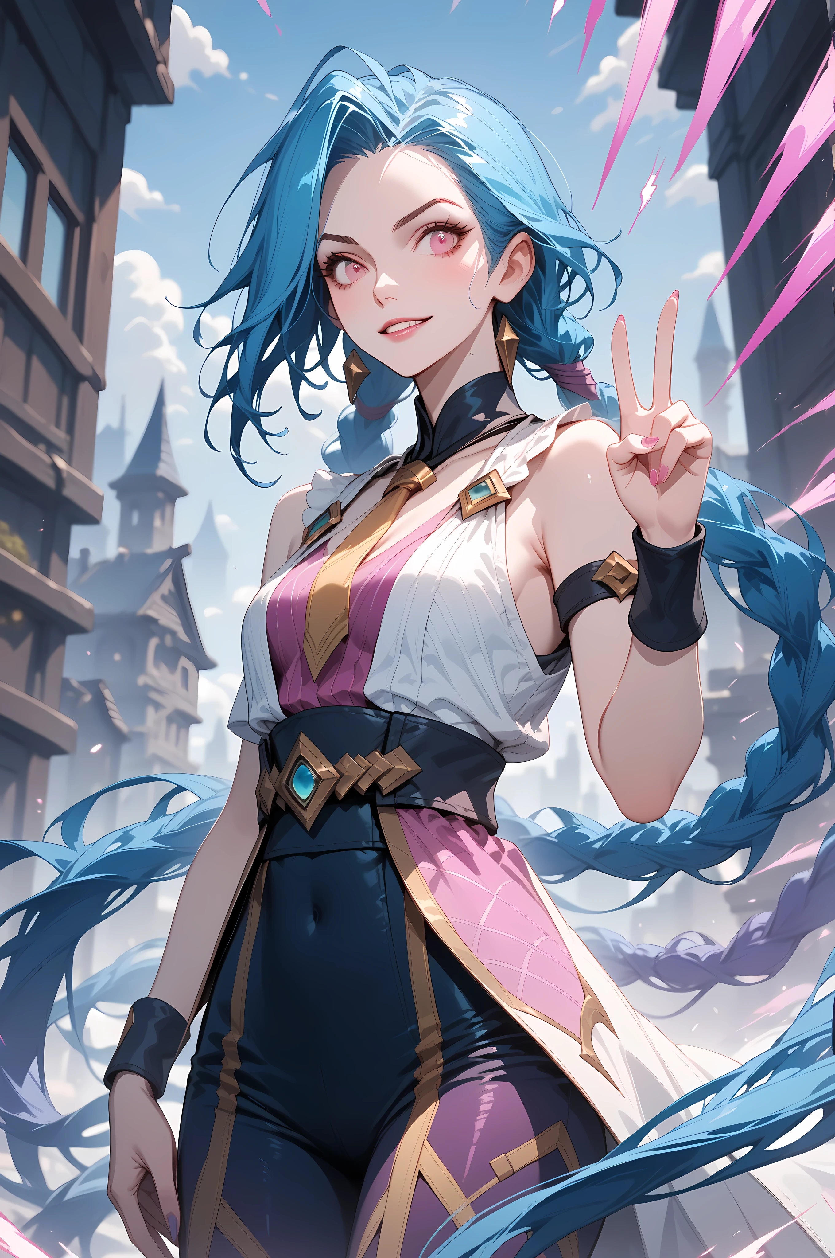 score_9,score_8_up,score_7_up,score_6_up,score_5_up,score_4_up, absurdres, masterpiece, centered, jinx_(league_of_legends), league_of_legends, 1girl, blue_hair, pink_eyes, grafitti walls background, cowboy shot, portrait, peace sign, dynamic pose, animepastelz,