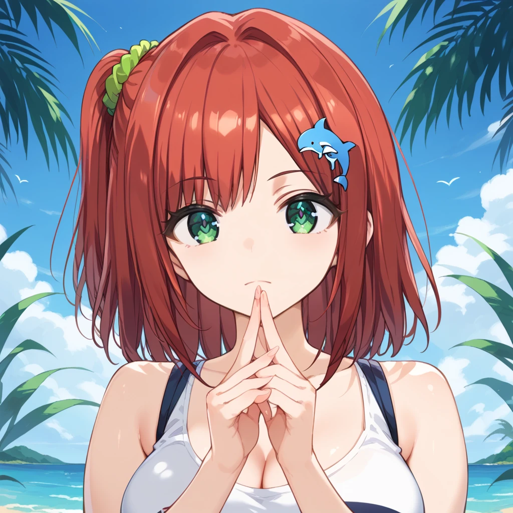 score_9, score_8_up, score_7_up, source_anime, sakimiya iruka, red hair, (green eyes, one side up), medium hair, green scrunchie, hair ornament, shiny skin,