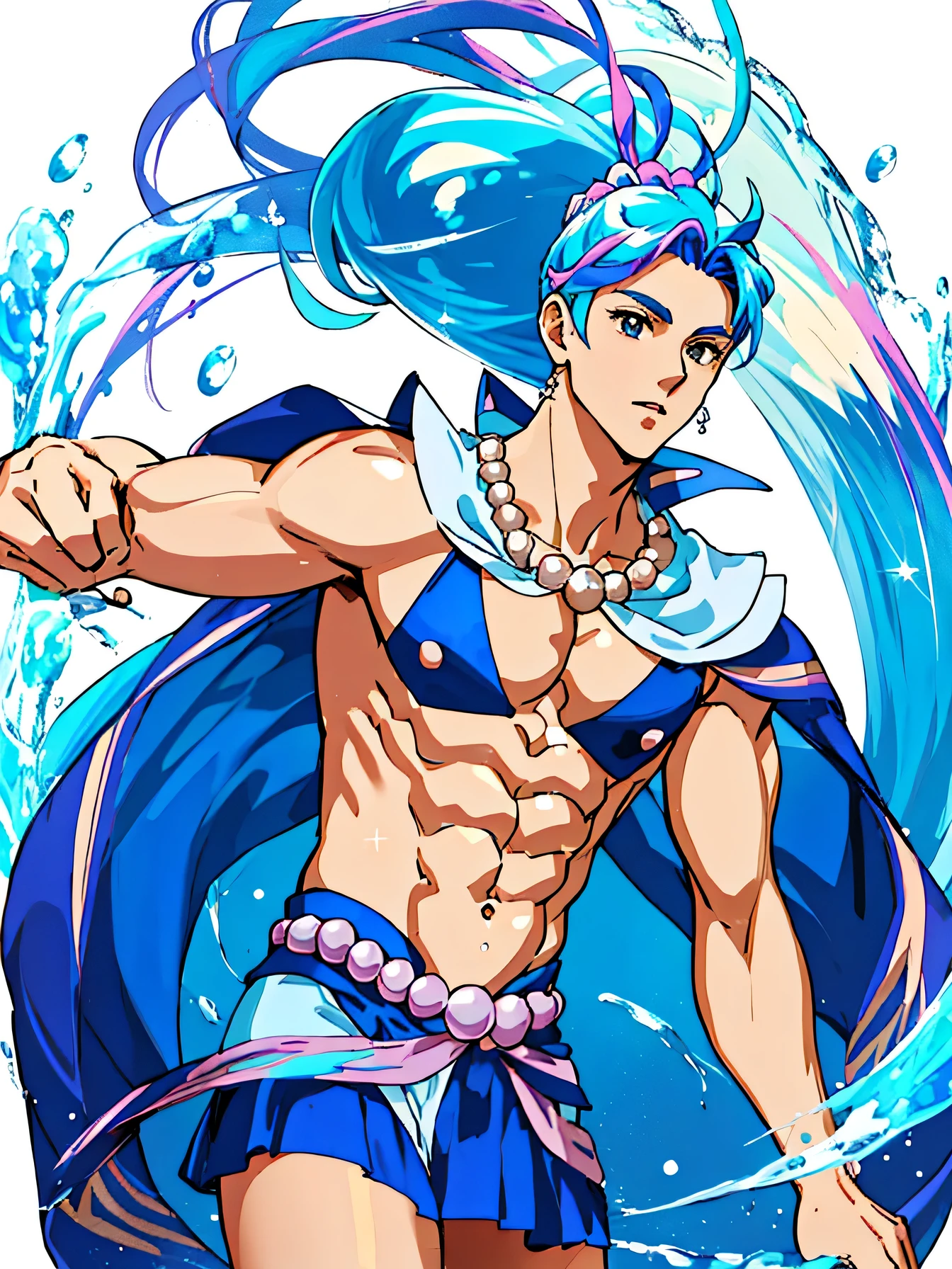 1boy,  blue haired cartoon male character closeup, Beautiful Celestial Mage, shell, pearl, Heavenly Aura, Alone, purple cyan long haired boy , high ponytail hair, multicolored hair, two tone hair, streaked hair,Braided bangs, Knight of the Zodiac Boy, Sparkling Magical Boy,  royal elegant pose, midriff, navel, anime man in a blue bikini dress , Strong muscles, Anime man in a belly-baring costume, Anime Prince,  Pale Arm Warmers , Muscular and strong, Blue Crop Top Dress , bikini top with an blue,  muscular man, crop top with an blue,  blue miniskirt, bikini top with an triangle,  Blue Flare Skirt , A magical aura around him, Masculine and muscular, Portrait of Zodiac Boy Knight, feminine male, Magical Glossy Skin, slender body, at night!!,  male focus , Bare legs,  Bare shoulders, manly, (male body:1.3), manly face,