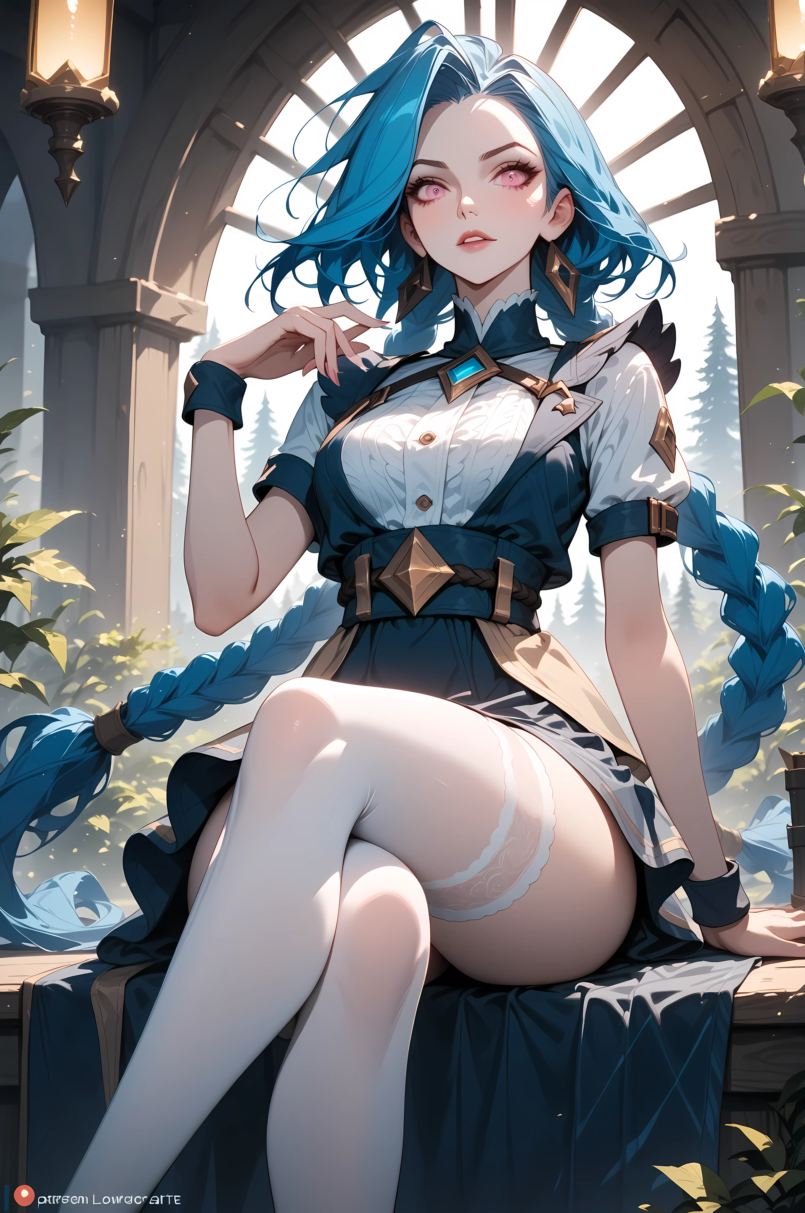 score_9,score_8_up,score_7_up,score_6_up,score_5_up,score_4_up, absurdres, masterpiece, centered, jinx_(league_of_legends), league_of_legends, 1girl, blue_hair, pink_eyes, military camp,thighhighs, looking at viewer, perfect legs, crossed legs, Expressiveh, wide hips, skirt lift, showing sexy legs, dynamic pose, volumetric lighiting, modern maid cafe interior background,animepastelz,