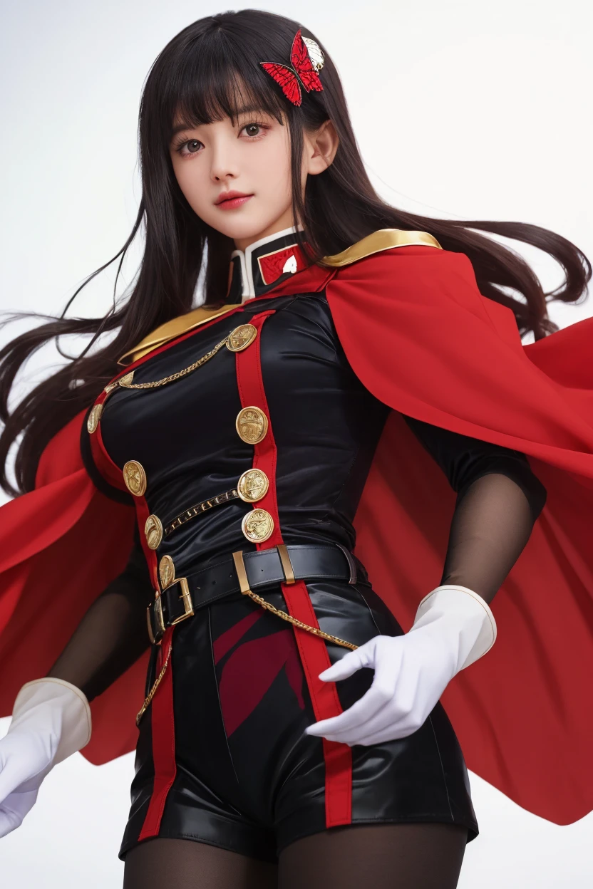 masterpiece, 最high quality, high quality, 1 girl, alone, Female focus, Watching the audience, Messy black hair, Adorable big blue eyes, White people, Noble, Noble,Sexy voluminous black and red cape、Tuxedo、A very voluminous, large, very large, very large, long, long red and black cape with a high stand-up collar, reaching down to the floor, made of a lot of fabric., 17 years old,Cute beautiful boys,Cute, cute, kind, pretty girl