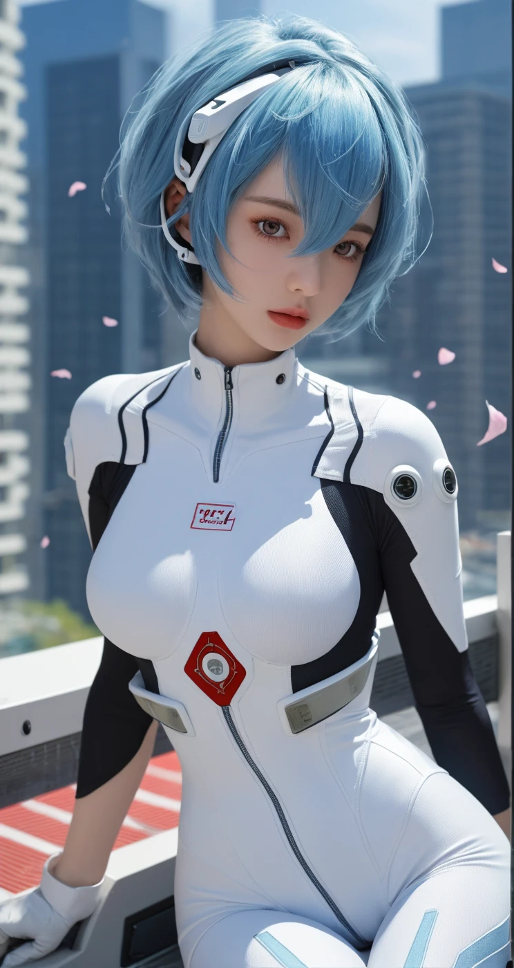 ((best quality)), photorealistic, photorealism, Photorealistic, high resolution, Beautiful, Baby Face, 20 Years Old, White Skin, pale skin, Large Breasts, huge breast, Combat pose, looking at the camera, (Detailed face), short hair, blue hair, (wearing pilot suit, high-tech headware, mecha suit), (cloths color based on black), Fingers are occluded, concrete space ship background,