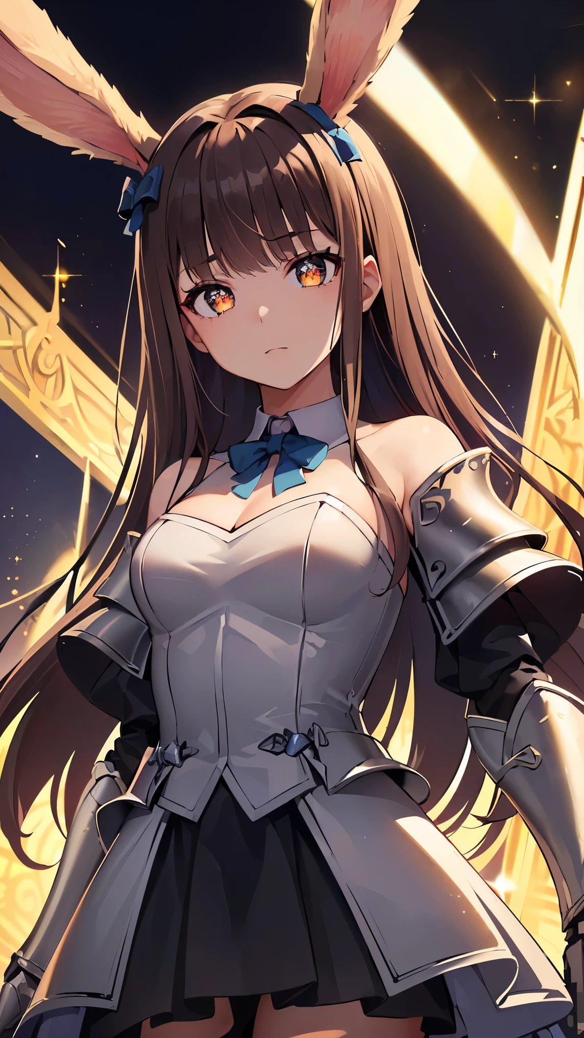 (((Best quality, 8k, Masterpiece: 1.3)), ((best quality)), ((masterpiece)), (detailed), perfect face, perfect body, (detailed skin:1.3), (intricate details), cinematic lighting, sparkle, glowing light, rabbit ears, hime cut, brown hair, hair bow, ribbon, pupils sparkling, tareme, (knight wearing steel armor), cowboy shot