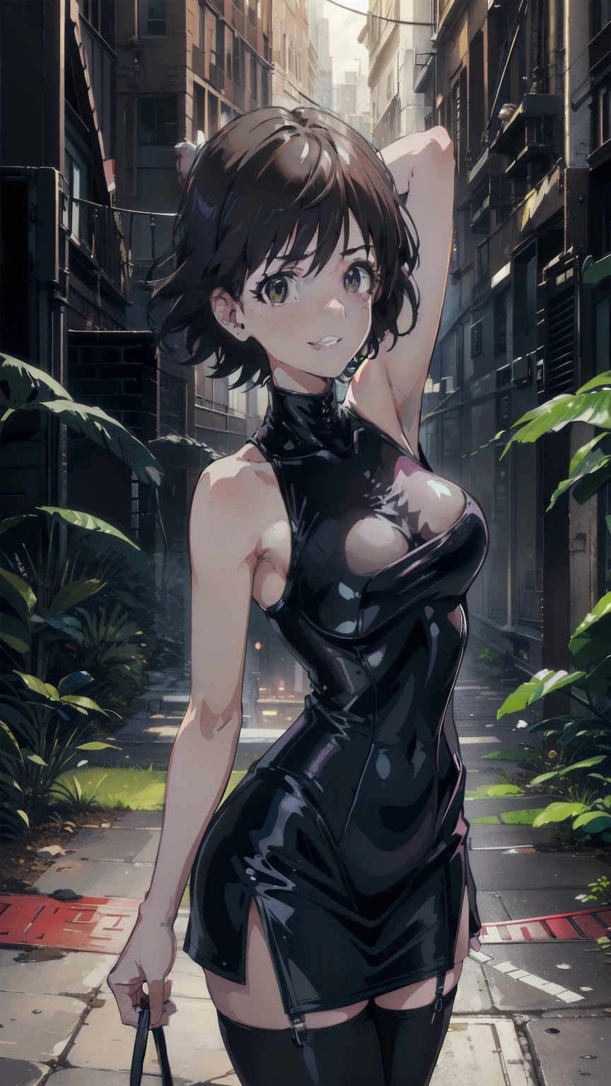 { masterpiece : best quality : high resolution : unity 8k wallpaper : illustration : perfect_angle : looking_at_viewer } { horror_theme : possessed_girl : dark_room } { 1girl : Mio_honda : cute_face : short_hair : : Perfectly_shaped_breast : Perfectly_fit_body : turtleneck : tight_dark_clothes : sleeveless : prostitute_outfit } { standing dynamic_pose : menacing_smile : teeth }