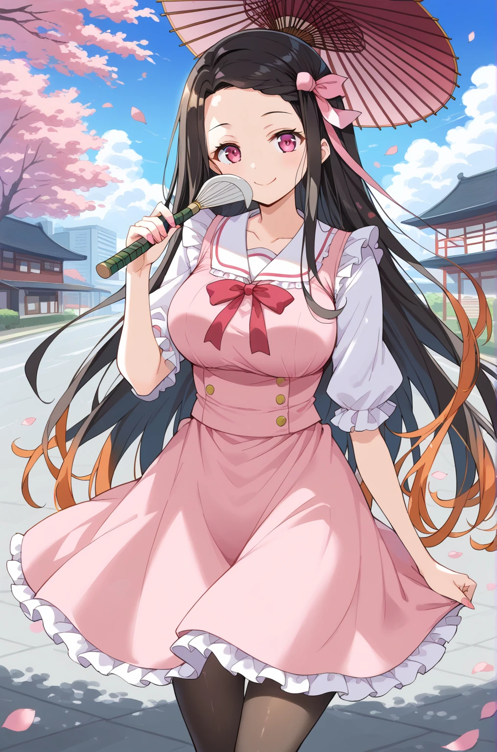 source_Cartoon, Morning Fragrance  ,    deep black hair with red ..很長Target髮, , 超長Target髮,  Pink Eyes, ribbon, Forehead ..ribbon, Kamado Nezuko,,  1 girl in , A brown , Ahead, 頭髮ribbon, common, long hair,  Black and Red Hair  ,  Pink Eyes, ,  pink nails , 粉紅色ribbon,  ribbon蝴蝶結 ,  ,  Beautiful Japanese Old City Landscape, ((Target&#39;artwork)), Mouth Chewing Cookies ,..Haori..Smile..pantyhose.. Cool Button Dress  ..White Shirt Pink Dress .. Paper Wooden Umbrella... Black Horse Boots.... Maid Dress.. mature