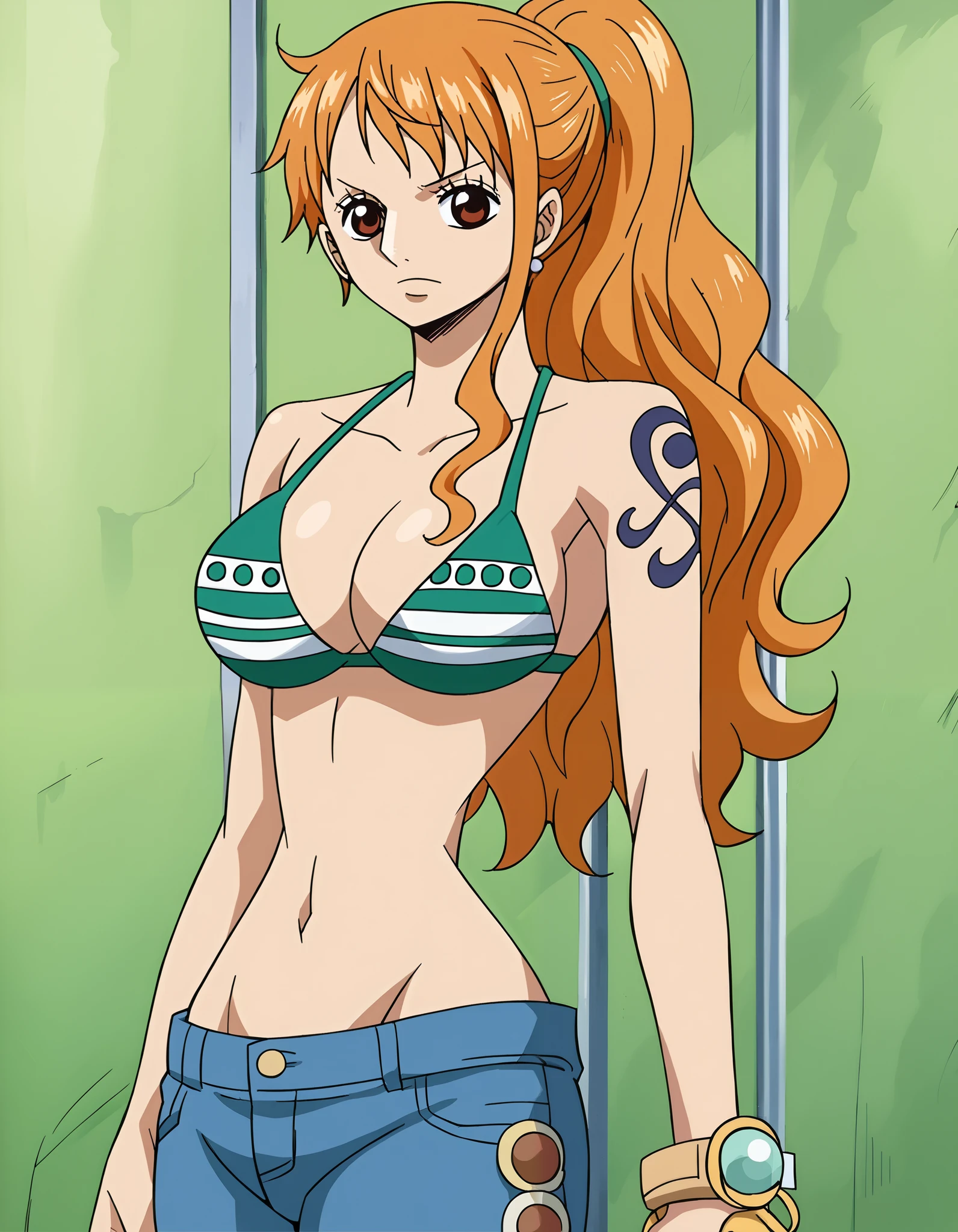 score_9_up, best quality, source_anime, 1girl, Nami, orange hair, straight, bikini, jeans, sexy, looking at the viewer, breasts, navel, (biceps:0.5), ponytail, slapped
